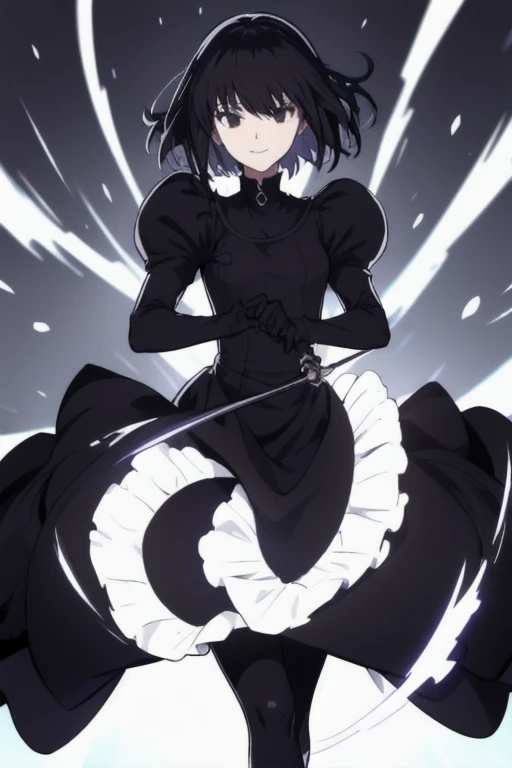 alicekuonji, girl1, solo, smile, long black dress, puffy sleeves, black cape ,long skirt, white gloves, park, black tights, best quality 