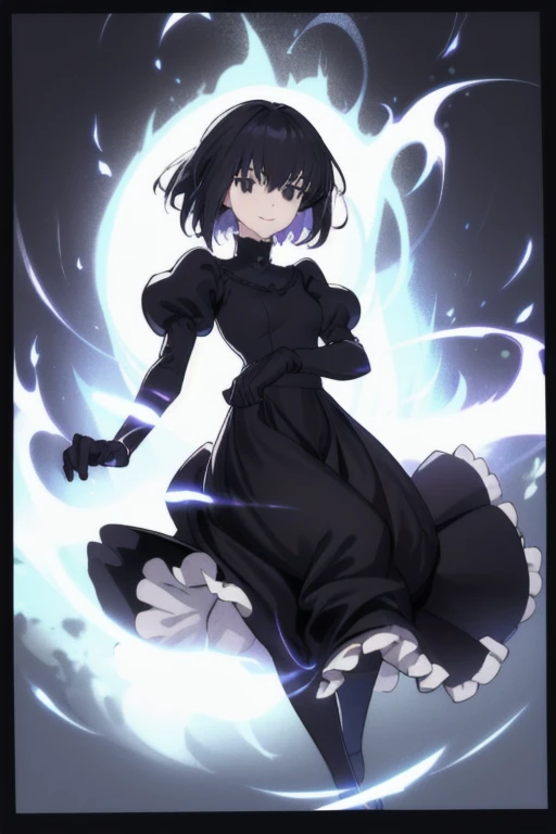 alicekuonji, girl1, solo, smile, long black dress, puffy sleeves, black cape ,long skirt, white gloves, park, black tights, best quality 