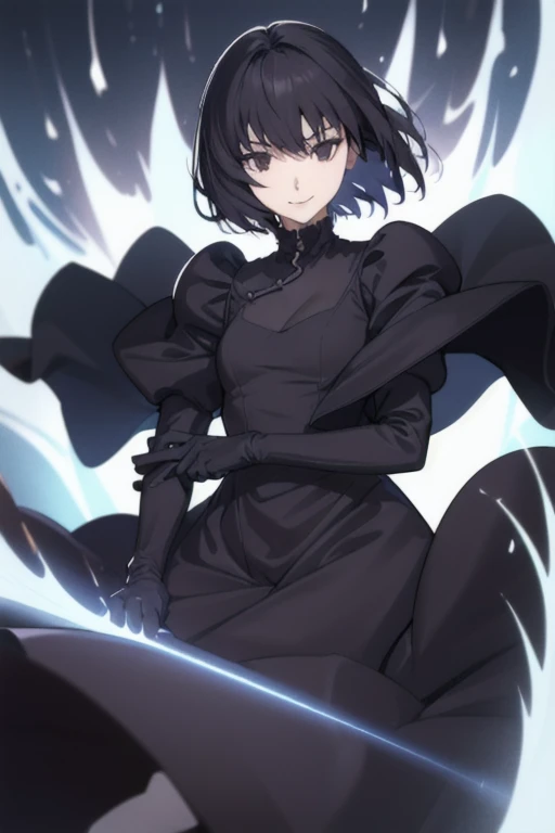 alicekuonji, girl1, solo, smile, long black dress, puffy sleeves, black cape ,long skirt, white gloves, park, black tights, best quality 