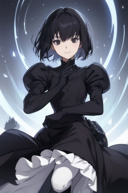 alicekuonji, girl1, solo, smile, long black dress, puffy sleeves, black cape ,long skirt, white gloves, park, black tights, best quality 