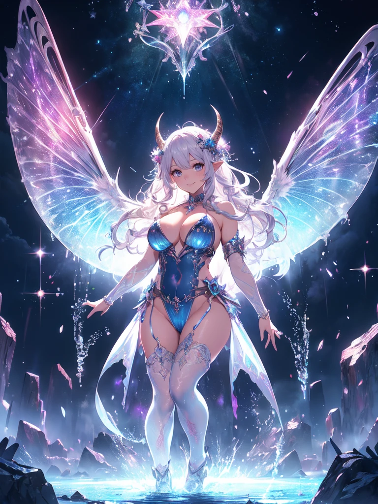 最高quality、1 woman elf、The Strongest Succubus、Wet、 、water droplets、Bathing、Flashy Effects、Like in the anime、action、whole body、 NP: 最悪のquality , fractal art ((smile、))(( ))SMqueen、Orgasm、Ecstasy、Bigger on the front、 Beautiful sparkle,High-definition depiction, Realistic, 8k, Unity, ,Bold shots,Giant Devil's Wings、虹colorに輝く翼、jump violently、Quick Movement、teleportation、Intense exercise、actionシーン、 light smile, Beautifully and vividly drawn, , Beautiful, beautiful, clear skin、A beautifully decorated magic wand with a sparkling glow、Giant horns、 demon king、、Beautifully decorated horns、 , Beautiful Landscape、 Romanticism,mosquito。 The most beautiful form of chaos, Mr..々color, Intertwined flowers, P article,Magical gentle light,smile,,image quality、masterpiece、Beautiful Face、Super beautiful elf woman((Big breasted 22 year old office lady、Bust 100,Beautiful long ironed hair、Silver Hair、height: 165cm。、Esbian、、高quality、、Visual Arts、最high quality、1 woman elf NP: Worst quality ,beautiful fractal art Marble pillar、、、light、Beautiful radiance,High-definition depiction, Realistic, 8k, Unity, , light smile, Beautifully and vividly drawn, , Beautiful, beautiful, clear skin、 ((see-through bodystocking,))Countless rays of light pouring down, Swirling Light, big background, , Intense light is emitted from the magic circle in front of the girl. Romanticism,Cowboy Shot: quality