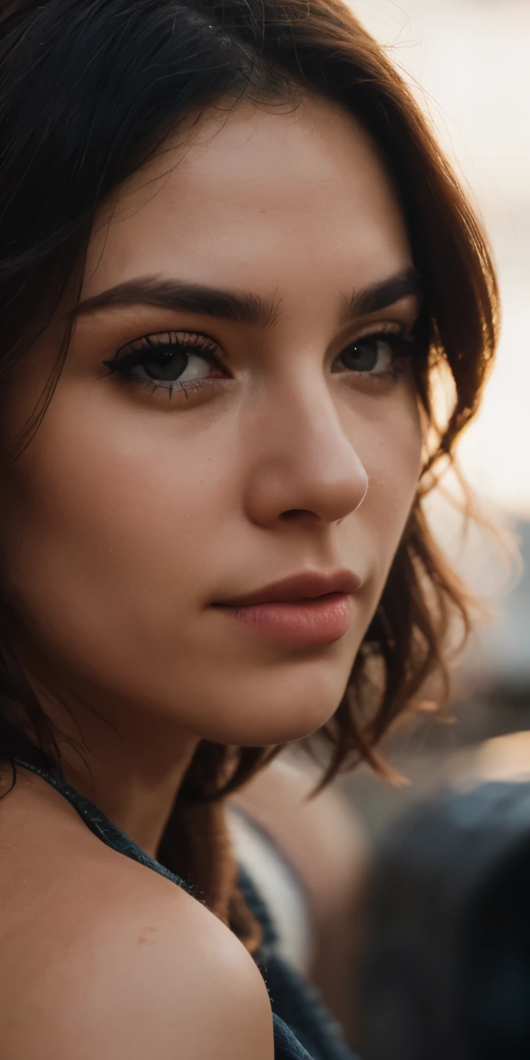 ((Close-up photo of face)), (Black eyes)), Full face portrait photo of 25 year old European girl, RAW, beautiful woman, semi-open strawberry lip, dimples, wistful expression, (Brown hair with extra long wavy), ((Detailed face)), ((Detailed facial features)), (Detailed detailed skin), Pale skin, (cool color), moist, Reflection, (Masterpiece) (Realistic Photography), (Best Quality), (Detail), (4k), (Wallpaper), (Cinematic Lighting), (Dramatic Lighting), (Sharp Focus), (Complex), RAW Photography, Gigachad Photography, Camera Pose, Black Jeans, Back Arm, 8K UHD, DSLR, High Quality, Grain Film, Fujifilm XT3, (Film Stock Photo 4 Kodak Portra 400 Camera F1.6 Lens Rich colors Ultra-realistic textures, dramatic lighting, Unreal Engine, Art Station Trends, Cinestir 800, Toughboy Style, Ultra Focus Face, Short Messy Hair, Off-Shoulder Crop Top,