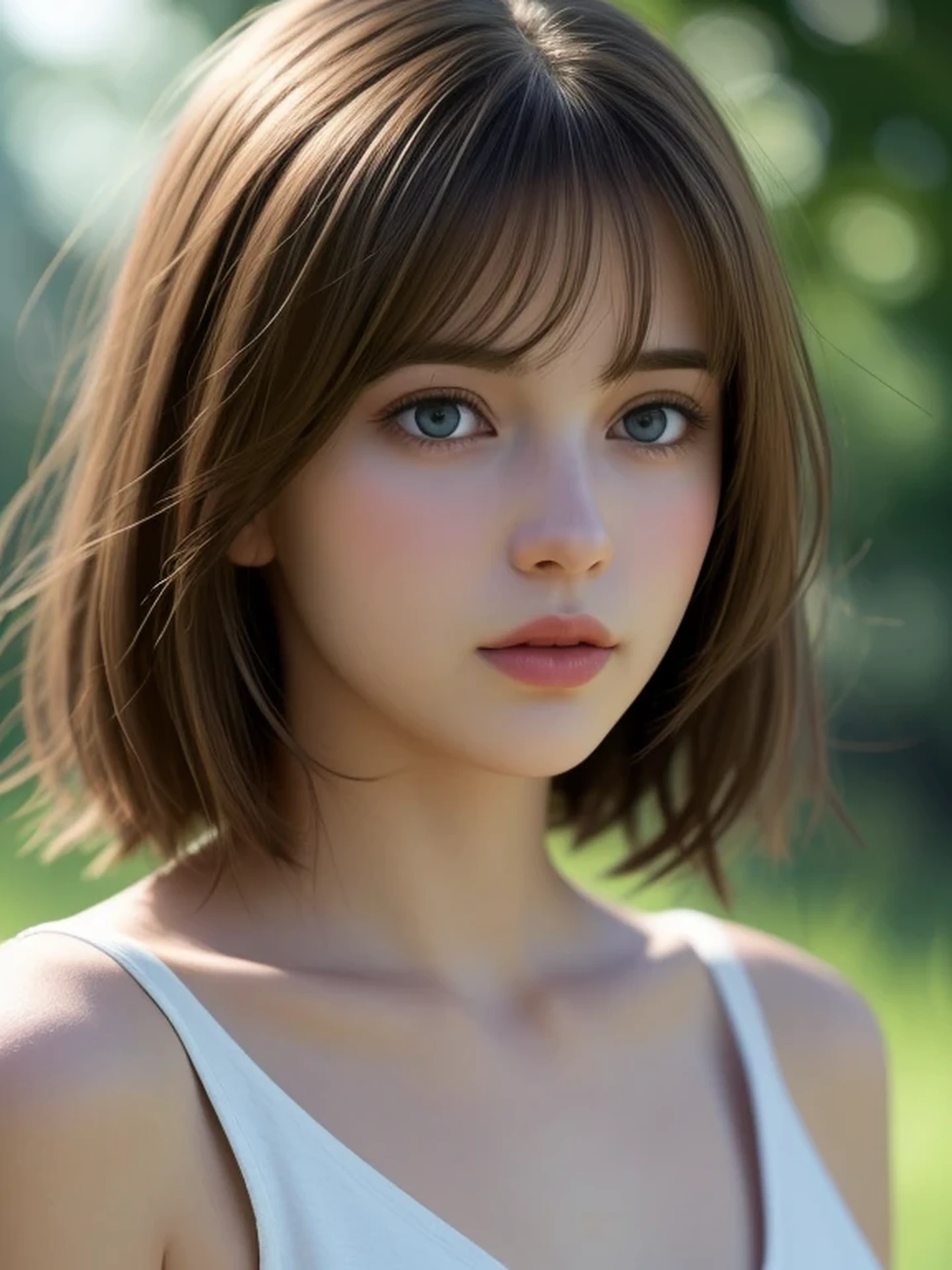 (looking away:1.4), (upper body shot:1.2), Realistic digital painting of a woman portrait, Shy, Cute, open mouth to say something, sad, blue eyes, (medium hair:1.1), (light brown brunette hair:1.3), (Highly detailed skin:1.2), Mystical style, Global Illumination,