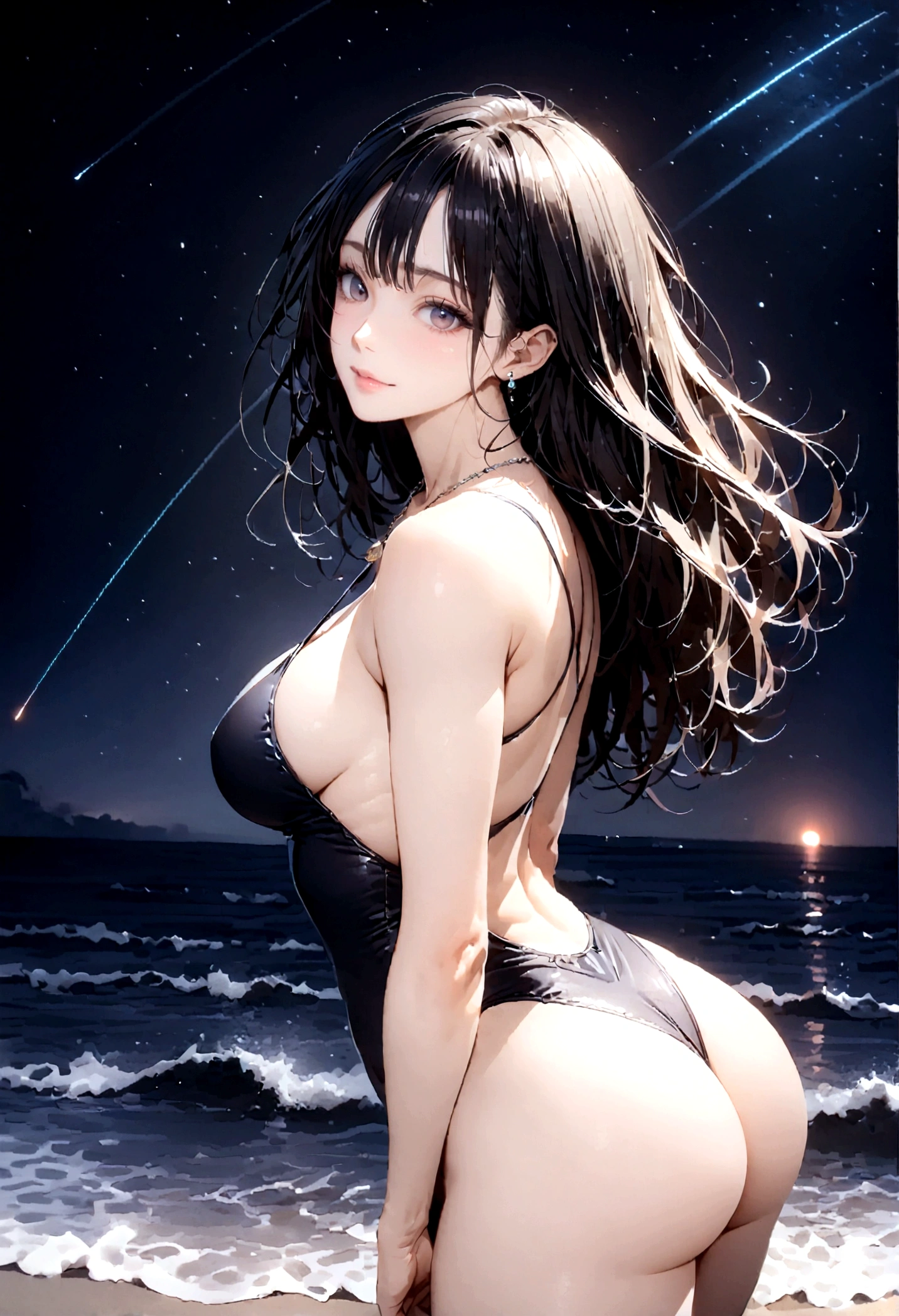8k, masterpiece, RAW Photos, highest quality, Realistic, Very detailed, Depth of written boundary, Cinematic Light, Anatomically correct body, 
One beautiful 40 year old woman, Very beautiful face, Exquisitely detailed face, (A calm and gentle face:1.4), Very delicate skin texture, Transparent muscle, Shiny white skin, Glamorous Body, 
(Wavy black long hair:1.2), (Sexy Breasts:1.1), (Sexy ass:1.1), 
(High leg swimsuit:1.2), (Detailed cloth texture:1.2), (Gorgeous necklace:1.1), (Gorgeous earrings:1.1), 
(Dark starry background:1.4), (Milky Way:1.1), (milky way:1.1), (shooting star:1.1), (Dark coastline at night:1.4), (Pitch black sea surface:1.4), 
(Standing on the beach:1.2), 
(Cowboy Shot:1.2), 