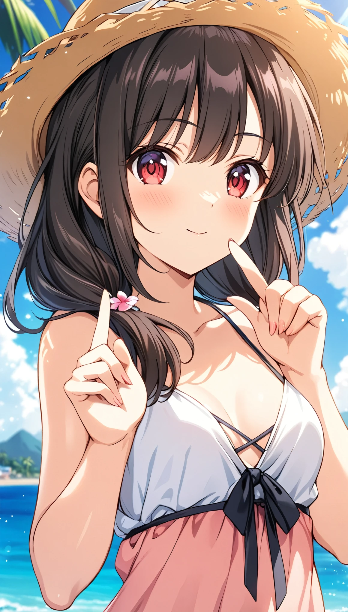 (masterpiece, best quality), very aesthetic, absurdres, extremely detailed CG unity 8k wallpaper, super fine illustration, (detailed_face:1.2), BREAK 1girl, long black hair wearing a straw hat, small breasts, (glamorous expression), red eyes, anime style 4k, beautiful anime portrait, anime moe art style, anime art wallpaper 4k, High quality anime art style, anime style portrait, be familiar with digital anime art, anime art wallpaper 8k, cute anime girl portrait, Hawaii background, blue sea, palm trees, sunlight, whole body, BREAK depth of field, perfect hands, nice fingers, 5_finger, 4_finger,1_thumb,