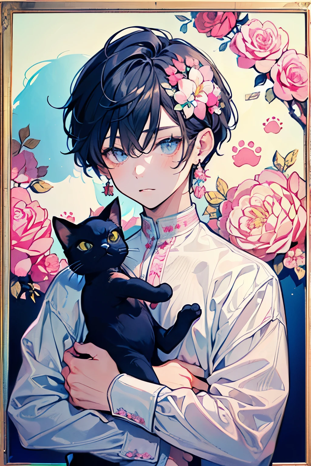 ((Two men:1.3)),((back hug:1.3)),masterpiece, best quality,light hair, (half up and half down hair:1.1),(portrait),white dress,(pop and cute flower pattern background), (perfect hands),(NAVY,pink,gray,),((Large and gorgeous earrings:1.1)),((upper body)),((Cute cat paw print wall:1.2)),((picture frame:1.3))