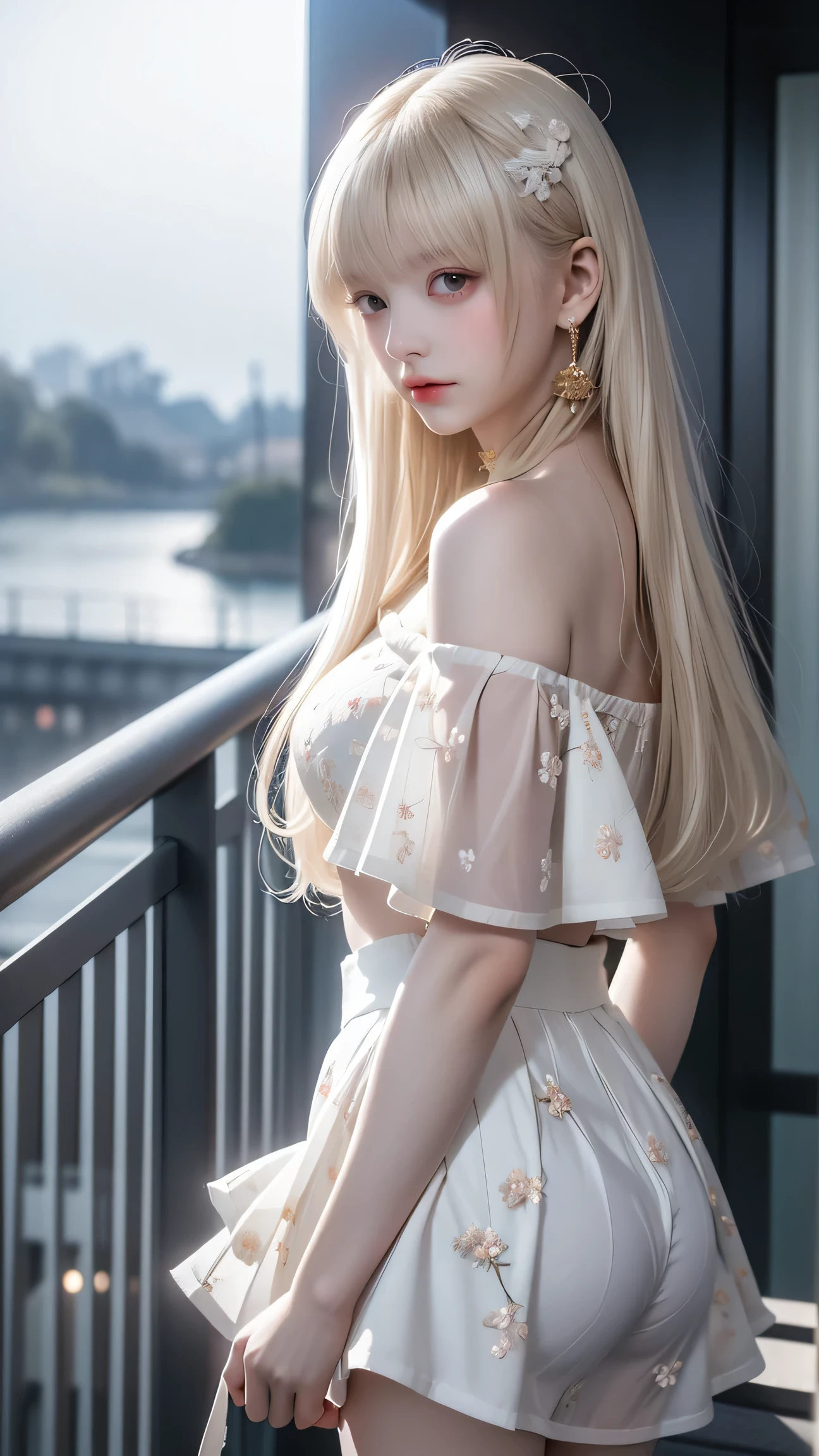 ((Woman Standing On Balcony Of Old Castle))、((Rear view)),((look back))、Highest quality works、Actual work、Ultra Premium Graphics、8K HD CG Works、High Quality Graphics、High-definition CG works、10x pixels、Ultra-fine detail:1. 1、High technical level:1.1 PhotoReal、Natural light:1. 5、Light Effects(Virtual Light Effects:1.8)、((Straight Van、Princess Van))、((Very Heavy、Volume Bang:1.1)、((Very Long、Very Heavy、Very Volume Side Lock:1. 1)、Hime cut、Straight bangs、Round face ugly bangs、Ugly long bangs、Bangs straight、(masterpiece、Highest quality:1.5)、(Ultra Fine 8K CG:1.4)、(Hyperreal:1.25)、(Real:1.1. 4)、((Golden white hair))、Thin eyebrows、High nose、Nice red lips、Rosy Cheeks、Delicate makeup face、Cute Face、Perfectly balanced face、()、A light-toned foundation enhances the clarity of your skin.。 ((Off-the-shoulder translucent white floral pattern dress))、((My skirt is flying up in the wind))、 ((I can see her white panties)), 40k、photograph、、highest quality、(1. Beautiful eyes、Light Hair、White skin、Mr. Miss.々Pose、((Medium chest、:1.1))、Highest quality、Tabletop、Ultra-high resolution、(Real:1.4)、RAWphotograph、(Perfect Figure)、(slim、:1.3)。 3)、Slim abdomen、Perfect slim figure、Dynamic Pose、one person、Cold light 12000K、Very detailedな顔と肌の質感、detailed、Realistic eyes、Beautiful details、(Real Skin)、charm、Ultra-high resolution、超Real、Very detailed、