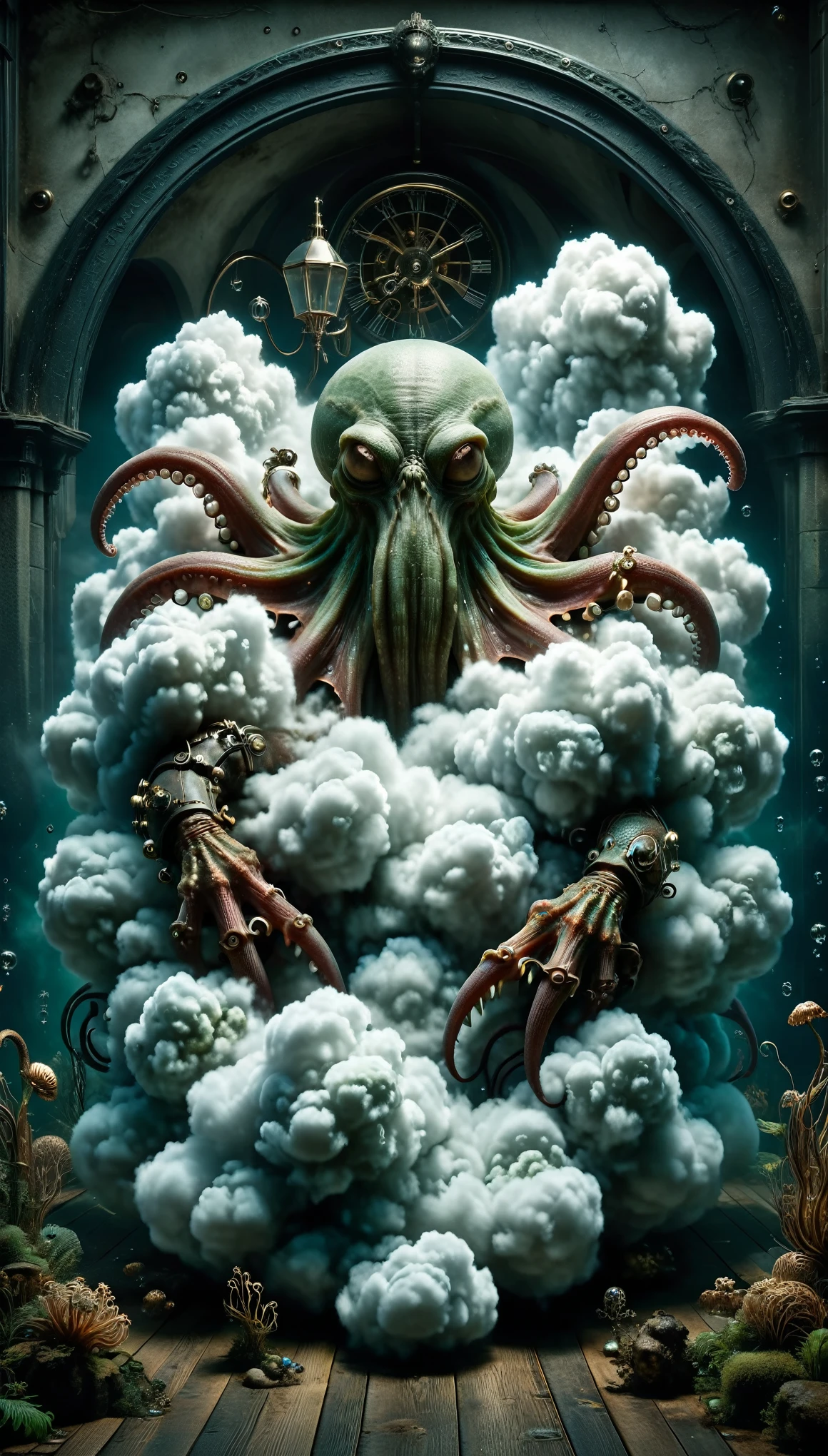 award-winning photography of a gothic cthulhu with indescribable terror made of ais-cloudz in wonderland, magical, whimsical, fantasy art concept, steampunk, intricate details, best quality, masterpiece, ultra sharp, hyper realistic, realism 