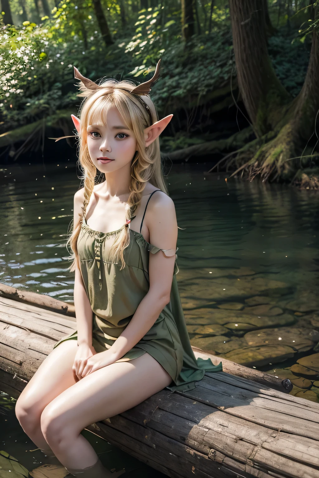 a sitting on a log thinking with elf ears and bench hair