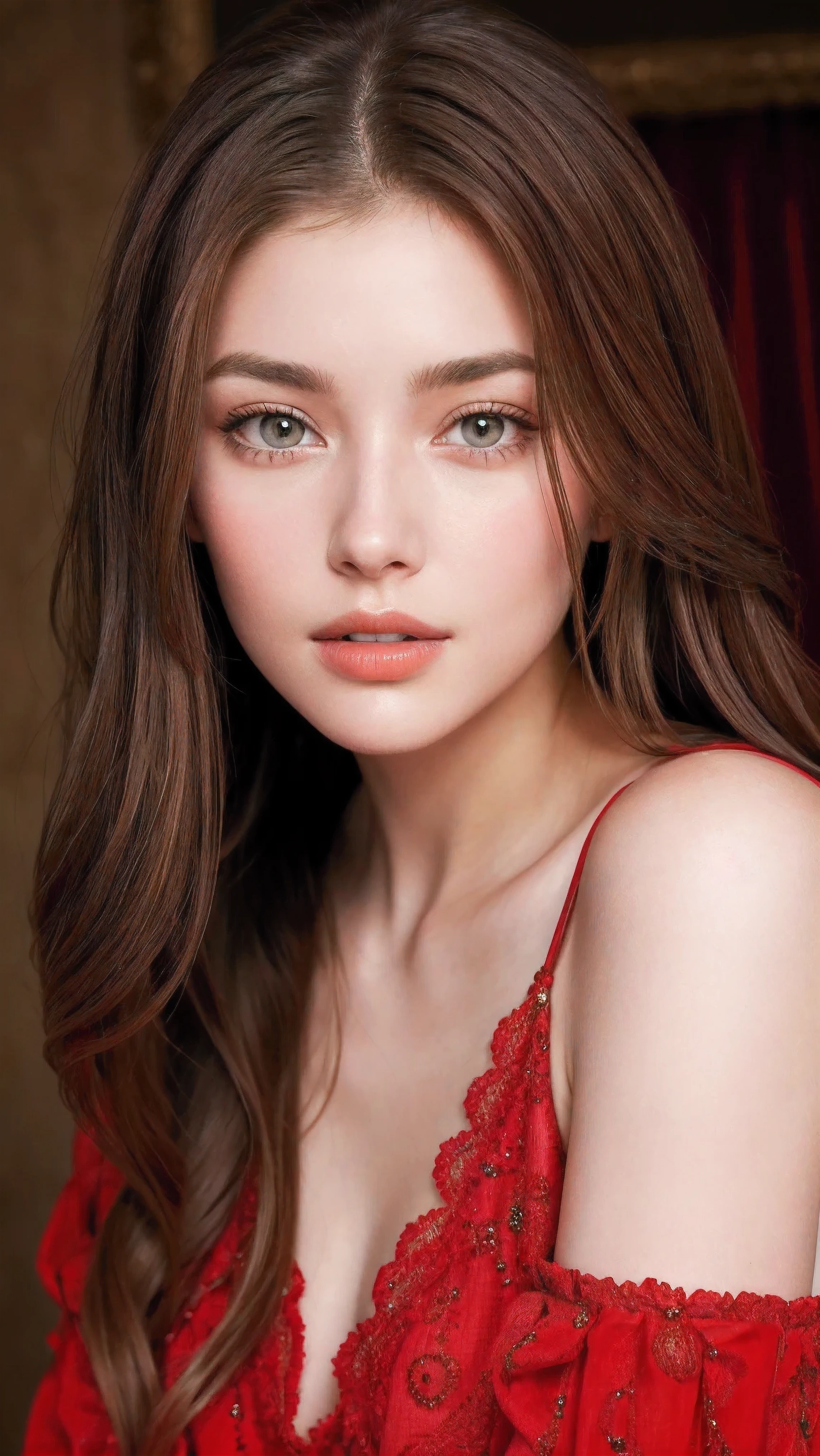 Close up portrait of long-haired woman in red dress, Portrait of Sophie Mudd, Attractive girl, Very beautiful face, Brown Hair Girl, Anna Nikonova、Also known as New Milky, Beautiful Model girl, Gorgeous and attractive face, Beautiful, round face, Beautiful Model, nodded, Attractive beautiful face, Gorgeous Woman, portrait of a Beautiful Model, Gorgeous young model