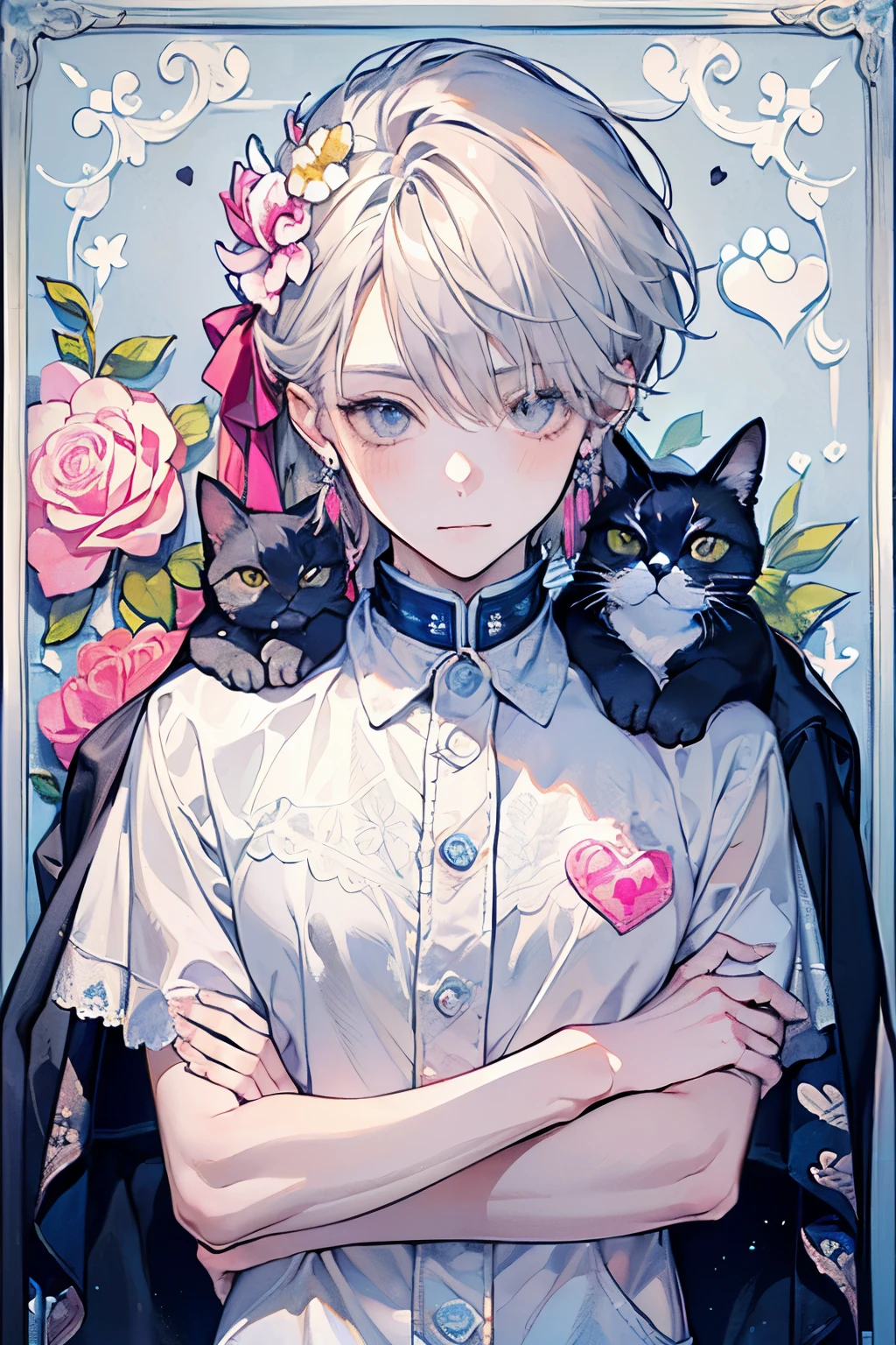 ((Man hugging from behind:1.3)),((back hug:1.4)),masterpiece, best quality,light hair, (half up and half down hair:1.1),(portrait),white dress,(pop and cute flower pattern background), (perfect hands),(NAVY,pink,gray,),((Large and gorgeous earrings:1.1)),((upper body)),((Cute cat paw print wall:1.2)),((picture frame:1.3)),A slight smile