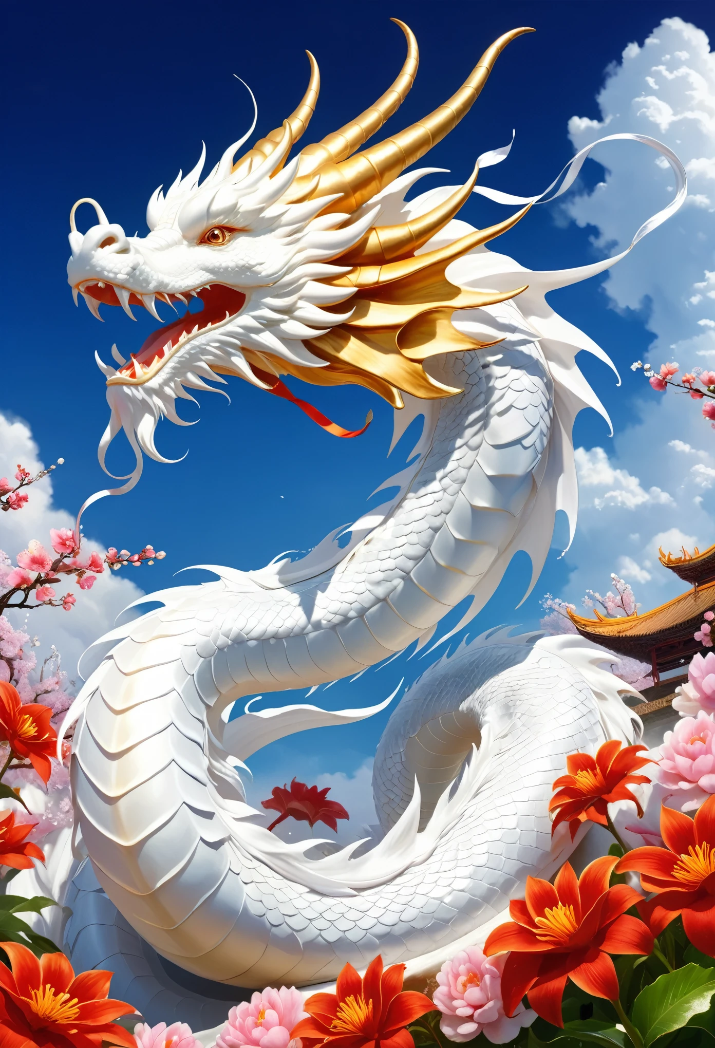 (masterpiece), (Excellent), (Extremely detailed), White Dew, square, audience, Dragon Tail Horn, Upper Body, Flowers, ribbon, cloud,