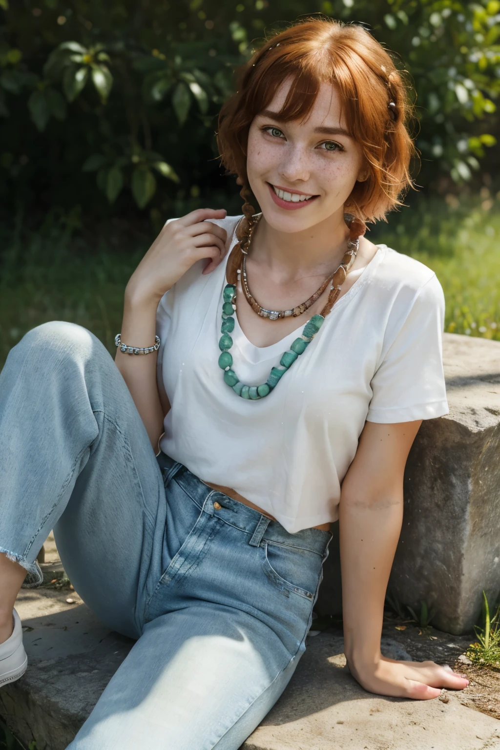 (Best quality, Highres, Ultra-detailed: 1.2), 1 girl, 18 years old, half-body shot, a beauty, freckled skin, orange hair in loose braids, messy yet charming, bob cut, (showing her teeth and smiling), looking directly at the viewer, casual outfit, white blouse, blue jeans, converse sneakers, (beads necklace: 1.2), (realistic, solo: 1.3), Biologically Correct Human, reference, detailed faces, detailed lips with a touch of lipstick, realistic eyes with green hues, natural freckles spread across her nose and cheeks, outdoor, sitting on