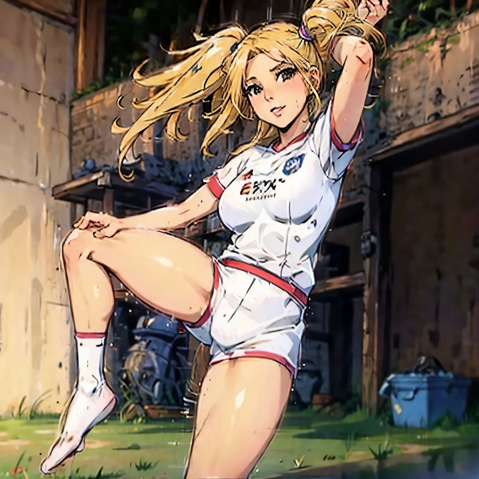 1 girl, pelo rubio, blonde hair, coletas,pigtails, pechos, breasts, huge breasts, soccer_uniform, inside soccer_field,kicking the ball.Kenzy Reeves