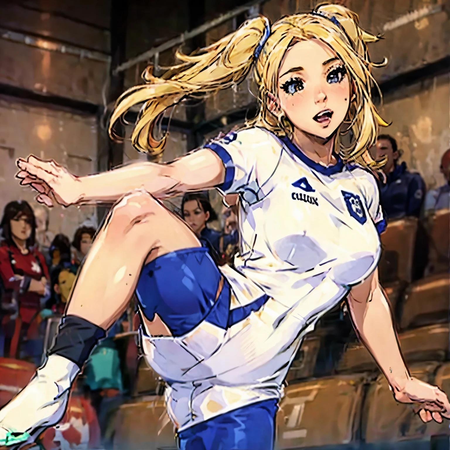 1 girl, pelo rubio, blonde hair, coletas,pigtails, pechos, breasts, huge breasts, soccer_uniform, inside soccer_field,kicking the ball.Kenzy Reeves