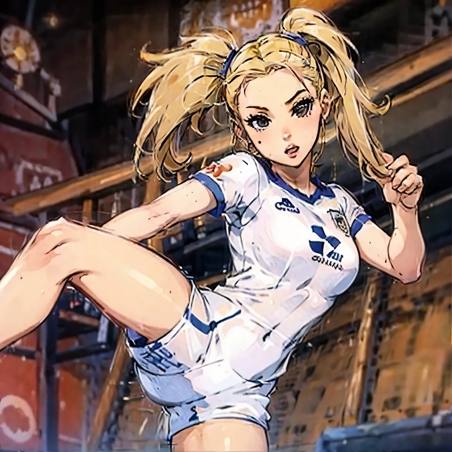 1 girl, pelo rubio, blonde hair, coletas,pigtails, pechos, breasts, huge breasts, soccer_uniform, inside soccer_field,kicking the ball.Kenzy Reeves