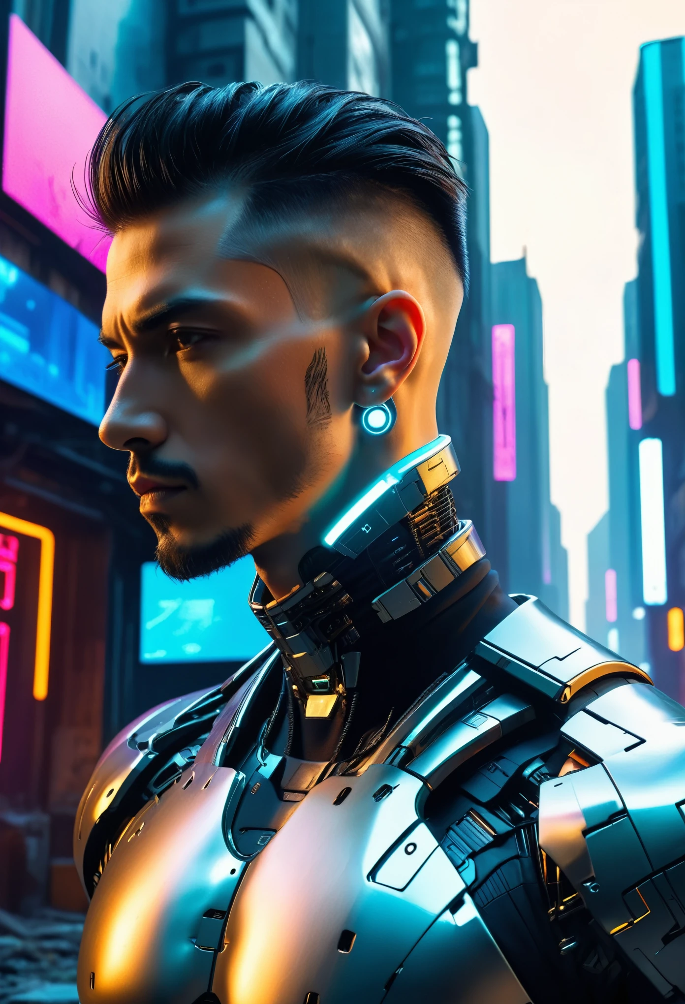 original photography, Super detailed, male, Cybernetic Neck, (: 1.5), A ruined city block in the background, Vivid details, Luxury Cyberpunk, hyper-Practical, Anatomy, elegant, 8K, best quality, masterpiece, Very detailed, (Practical, photo-Practical: 1.37), portrait.
