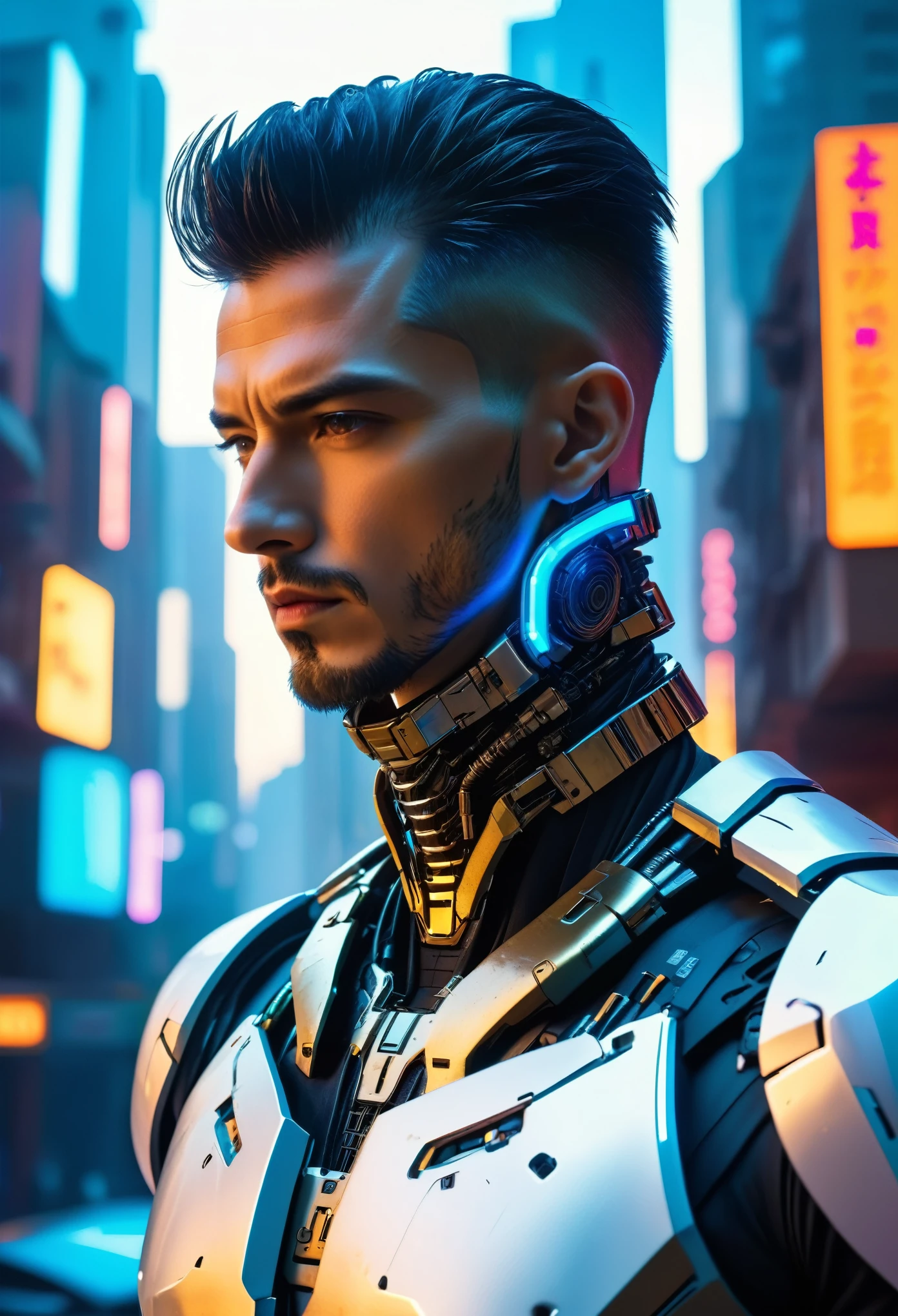 original photography, Super detailed, male, Cybernetic Neck, (: 1.5), A ruined city block in the background, Vivid details, Luxury Cyberpunk, hyper-Practical, Anatomy, elegant, 8K, best quality, masterpiece, Very detailed, (Practical, photo-Practical: 1.37), portrait.
