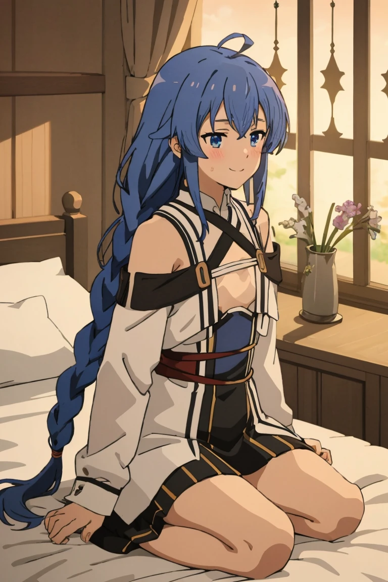 (masterpiece, best quality), music, 1 girl, solitary, Smile, blush, Double braid, long hair, Blue Hair, garlic,  blue eyes, indoors, Kneeling on the bed, Floral underwear, see through silhouette，Small Breasts,  Everlasting,  looking at the audience, 