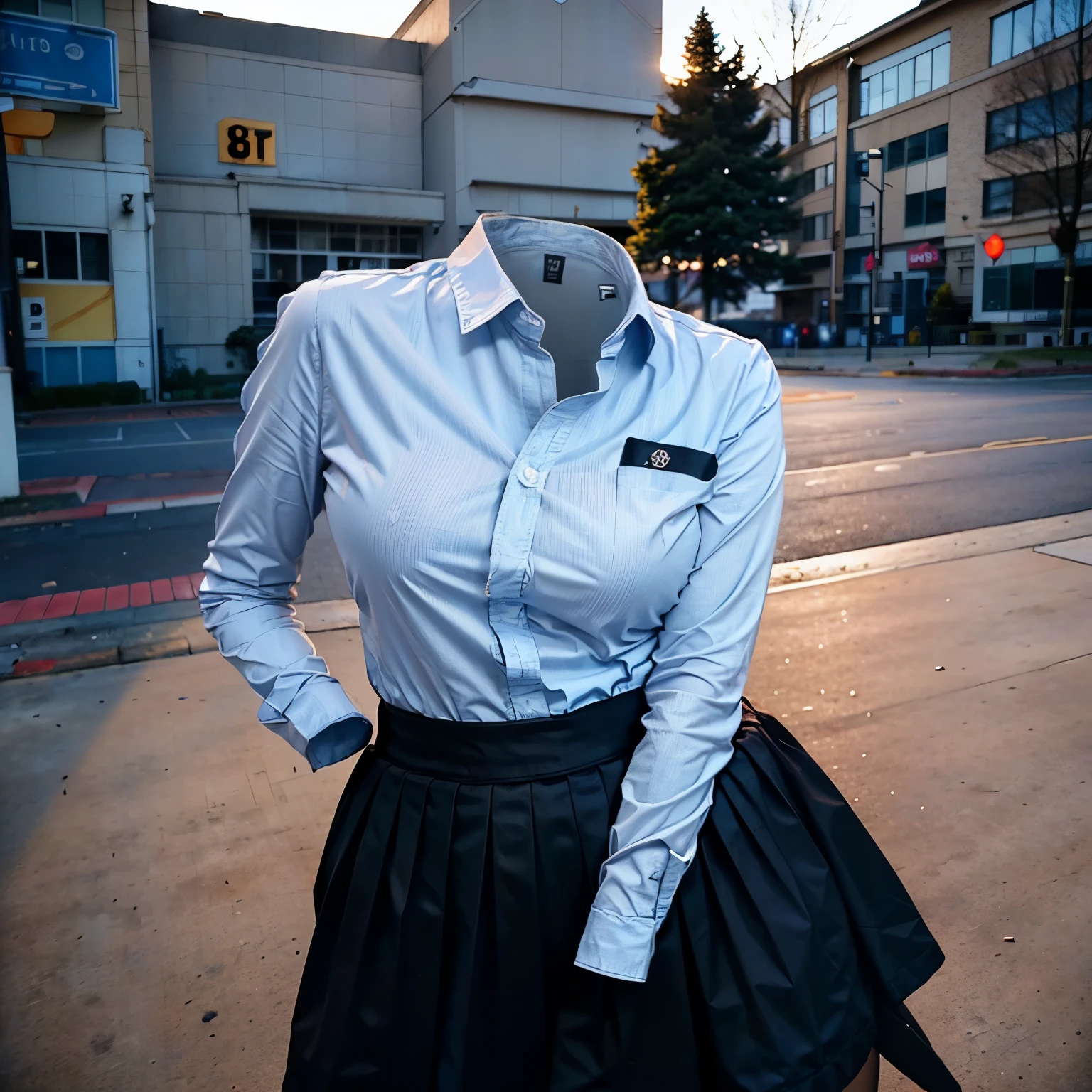 school blouse, plaid skirt, stripe tie on neck, on hanger in closet, black leggings, from above, cute big breasts, (invisible, no human, headless, handless:1.5), (8k, RAW photo, best quality, masterpiece:1.2), (realistic, photo-realistic:1.37), photon mapping, radiosity, ((Hasselblad photography)), physically-based rendering