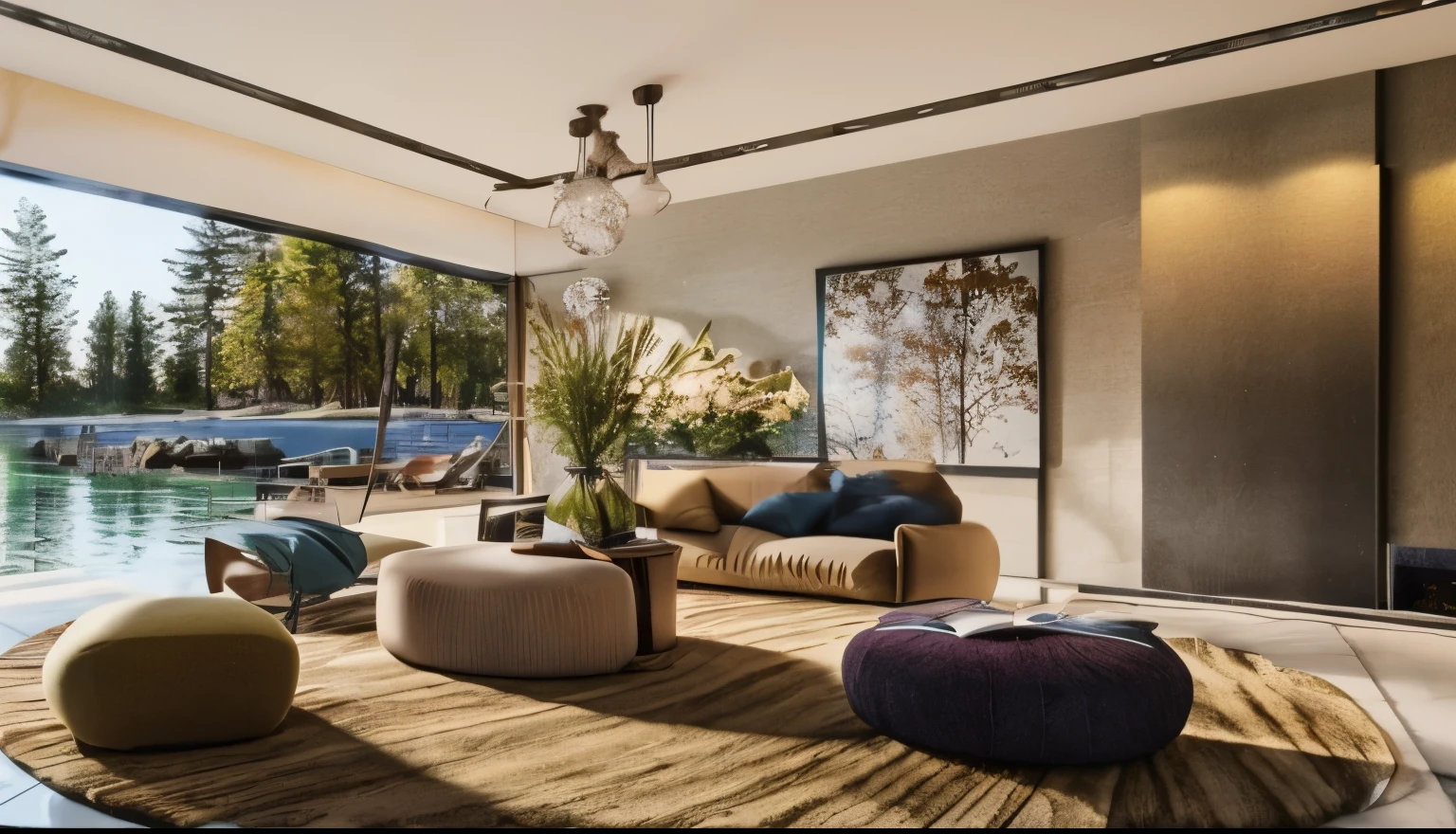 Living room with sofa, Chair, footstool,coffee table,daytime，4K quality，Forest exterior，Lenses，Light and shadow rendering