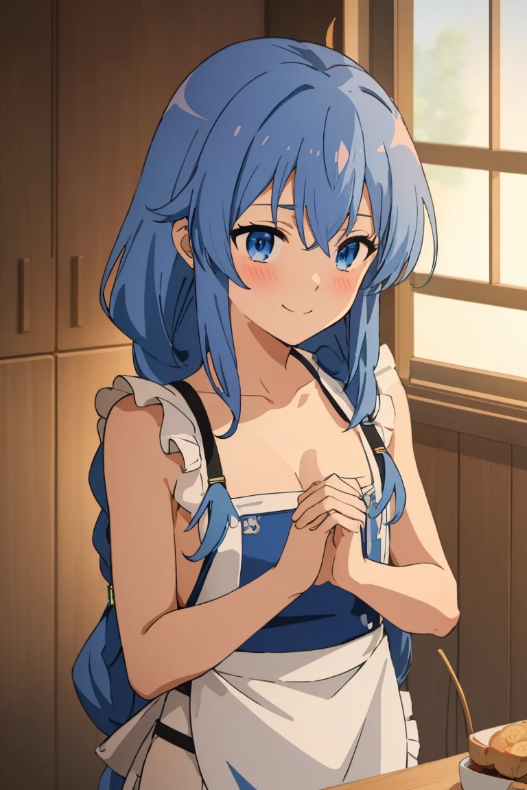 (masterpiece, best quality), music, 1 girl, solitary, Smile, blush, Double braid, long hair, Blue Hair, garlic,  blue eyes, ((apron)), ((nude)), 裸apron，Small Breasts, Upper Body, Everlasting,  looking at the audience,indoors, Kneeling on the bed, 