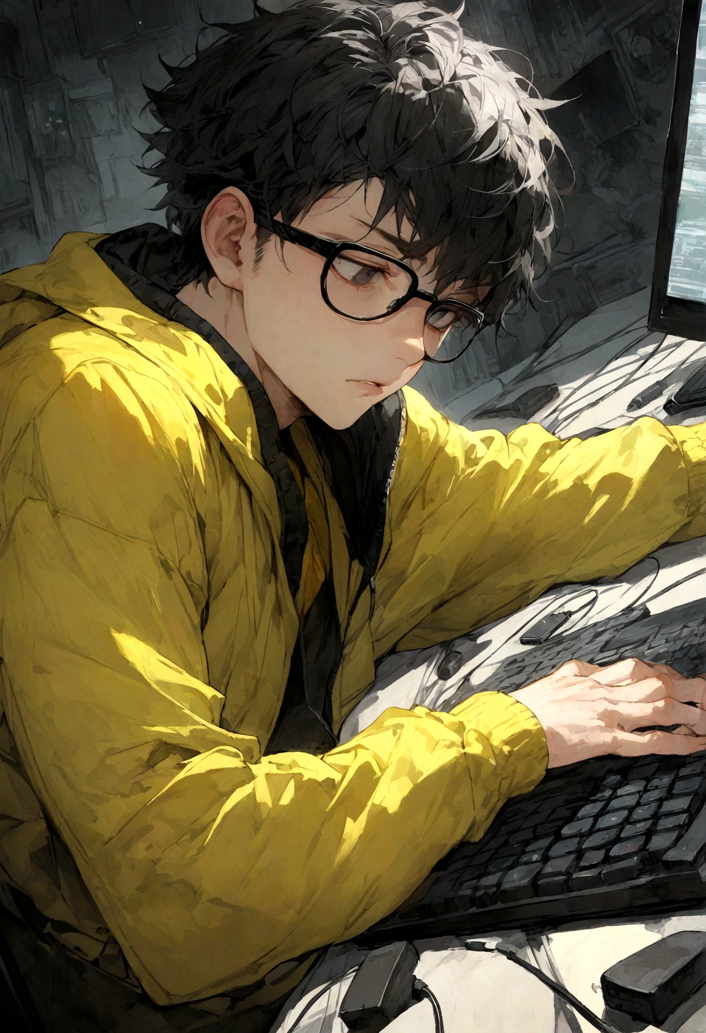 male with short black hair, black eyes, lack of sleep, black-rimmed glasses, black and yellow sportswear, likes computers