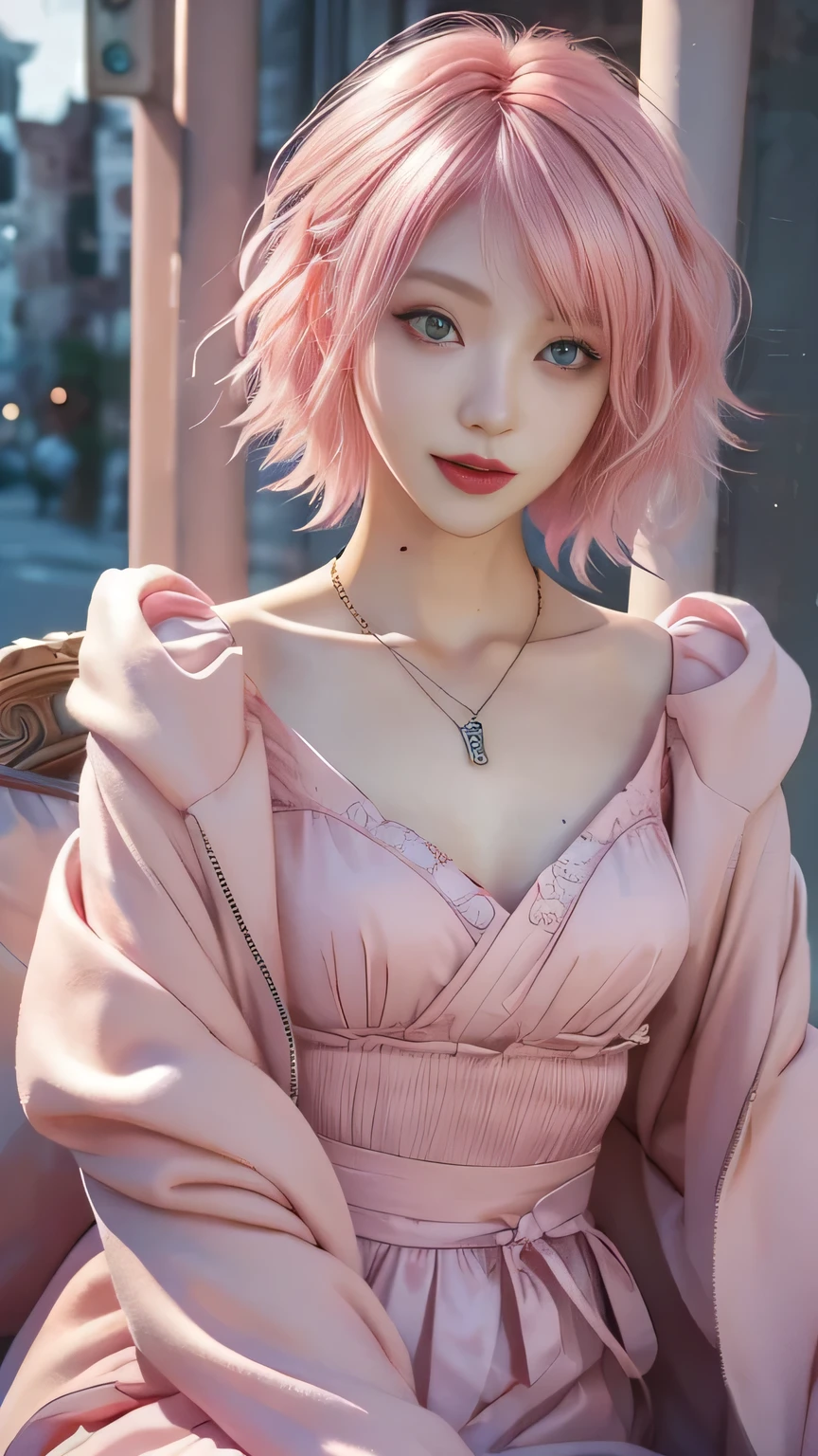 masterpiece, top-quality, ((1womanl)), different pink color, finely eye and detailed face, intricate detailes, Casual black and pink attire, window, A smile, Happiness, tenderness, high-level image quality、selfee, Beautuful Women、tall、a small face, D-cups, The upper part of the body、nightfall, nighttime scene、𝓡𝓸𝓶𝓪𝓷𝓽𝓲𝓬、Korea person, Idol Photos, Model photo, k pop, Professional Photos, Vampires, Korean fashion in black and pink, Fedoman with necklace, inspired by Sim Sa-jeong, androgynous vampire, :9 detailed face: 8, extra detailed face, detailed punk hair, ((eyes are deialed)) baggy eyes, Seductive. Highly detailed, semi realistic anime, Vampires, hyperrealistic teen, Delicate androgynous princess, imvu, ((short hair woman)), pink hair woman with wild look, ((Woman with short pink hair)), ((1 persons)),sitting .facing forward,light smile