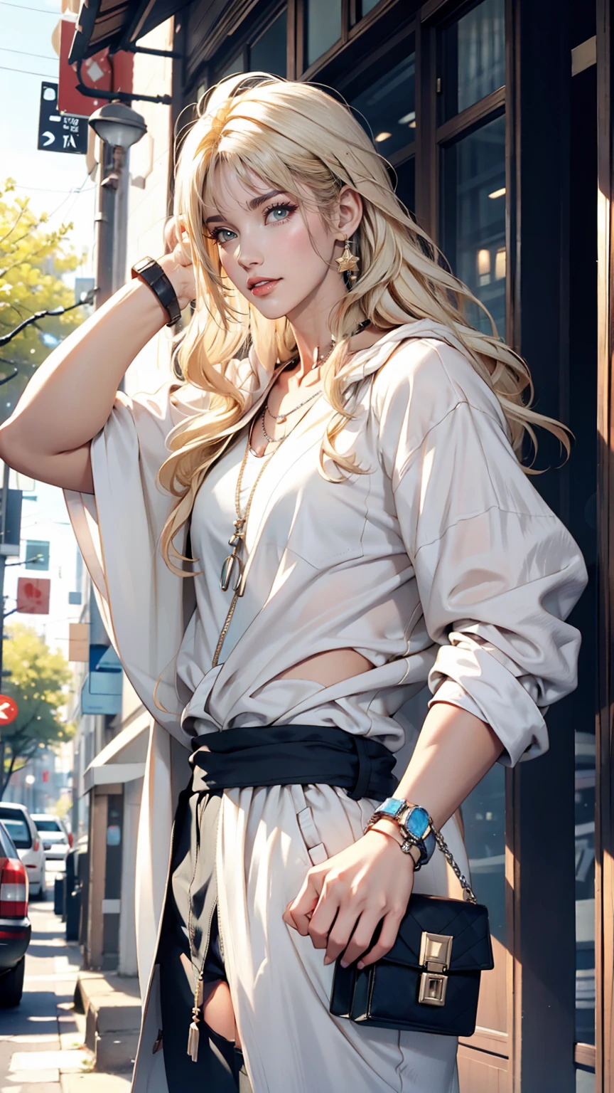 23 year old white female、Platinum Blonde、blue eyes、long hair、My hair is wavy、Wearing accessories on the wrist、I&#39;m wearing a choker、smile、The navel is sticking out、Big Breasts、Sexy proportions、Big Breasts、Long legs、Thin arms、Narrow waist、Wear stiletto heels、I want my head to stay off screen、In the back alleys of a busy downtown area at night、Wearing a hoodie with the hood up、Looking at me while hiding his face with his hood、I&#39;m wearing leggings、Standing sidewayy chest is popping out、Shiny skin、I&#39;m wearing headphones