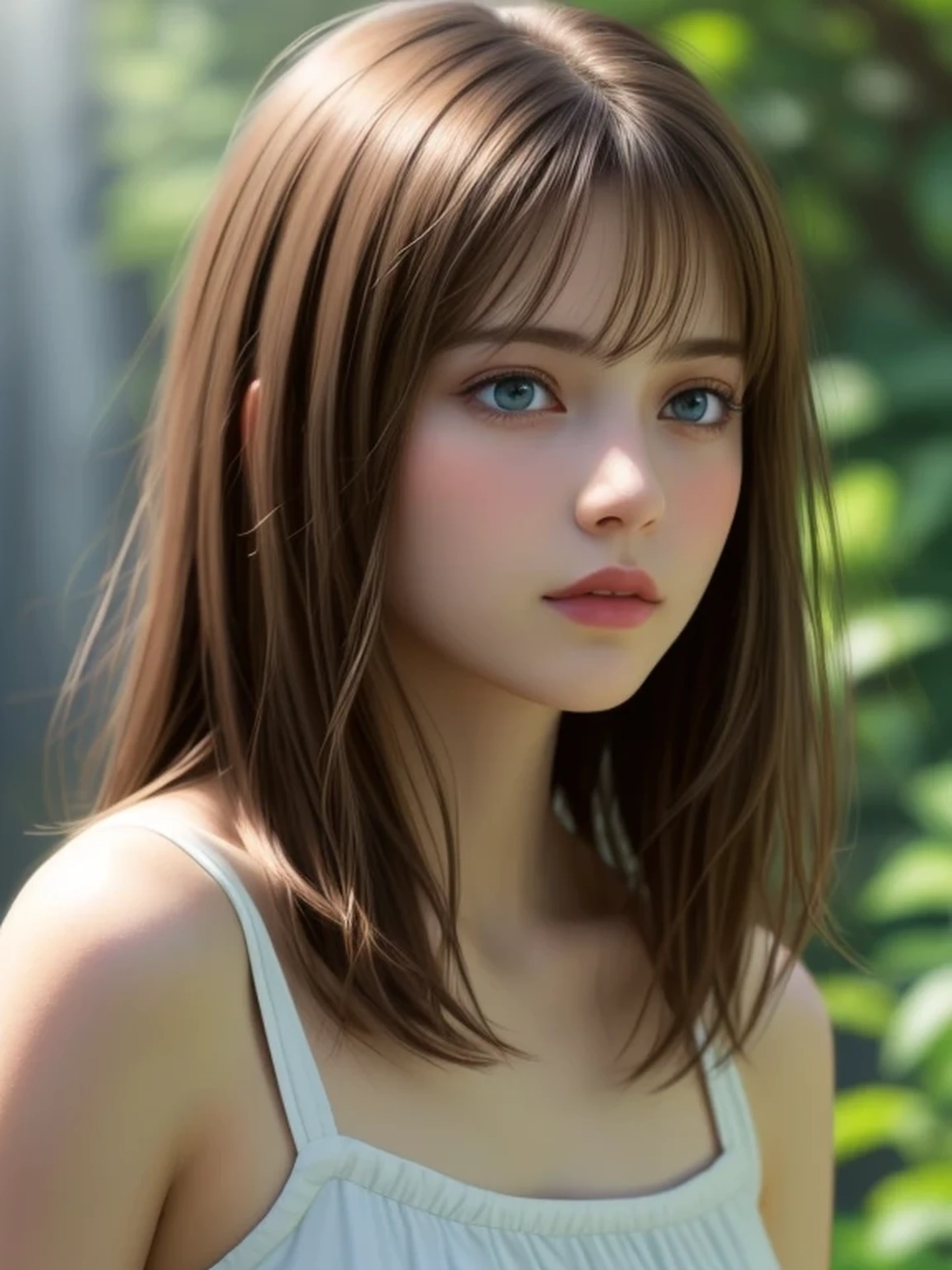 (looking away:1.4), (upper body shot:1.2), Realistic digital painting of a woman portrait, Shy, Cute, open mouth to say something, sad, blue eyes, (medium hair:1.1), (light brown brunette hair:1.3), (Highly detailed skin:1.2), Mystical style, Global Illumination,