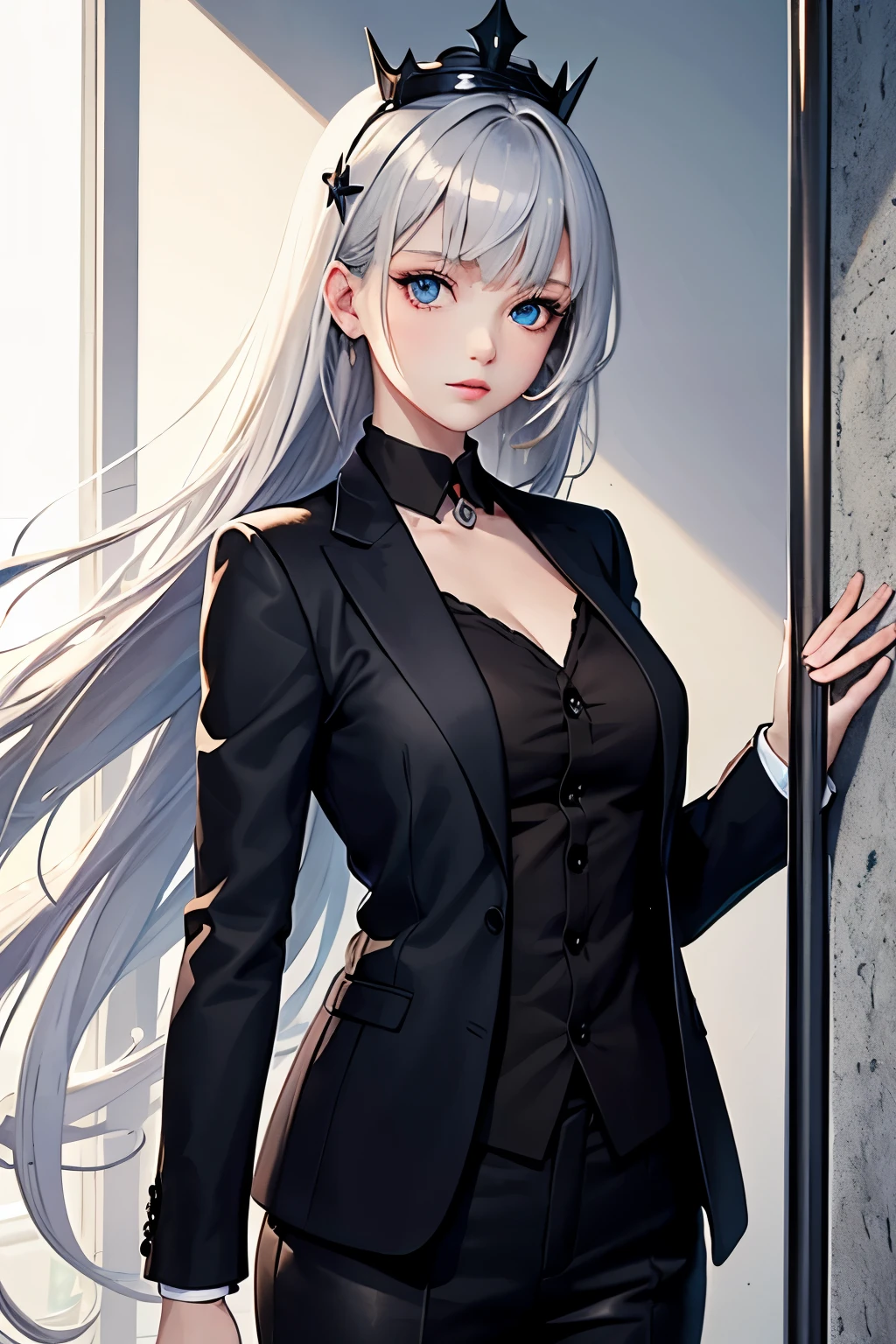 woman, blue eyes, long brown hair wearing a silver crown Wear an all black suit stand back anime