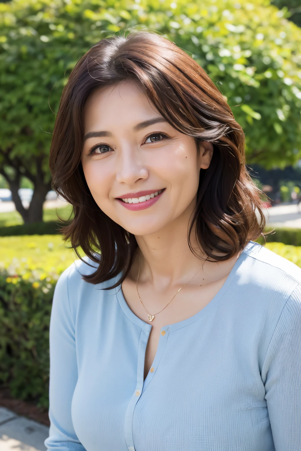 最high quality, In 8K, Masseter muscle area, Lifelike, Sharp focus, high quality, High resolution, Detailed face, Detailed eyes, Thick lips, Background Blur, solo, Middle-aged women, , 55 years old, , Wavy Hair, Cleavage, Wearing a plain short-sleeved knit, Afternoon in front of the park garden, Wrinkles around the eyes, Toothy smile