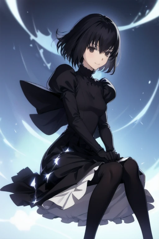 alicekuonji, girl1, solo, smile, long black dress, puffy sleeves, cape ,long skirt, white gloves, park, black tights, sitting, best quality 