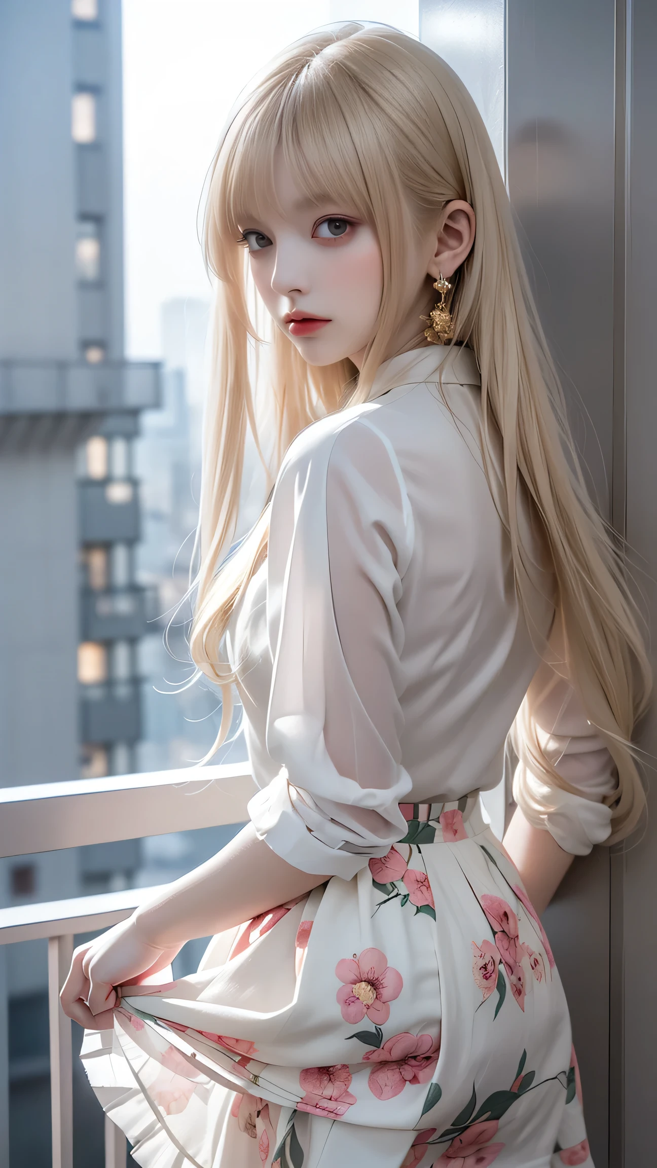 ((Woman Standing On Balcony Of Old Castle))、((Rear view)),((look back))、Highest quality works、Actual work、Ultra Premium Graphics、8K HD CG Works、High Quality Graphics、High-definition CG works、10x pixels、Ultra-fine detail:1. 1、High technical level:1.1 PhotoReal、Natural light:1. 5、Light Effects(Virtual Light Effects:1.8)、((Straight Van、Princess Van))、((Very Heavy、Volume Bang:1.1)、((Very Long、Very Heavy、Very Volume Side Lock:1. 1)、Hime cut、Straight bangs、Round face ugly bangs、Ugly long bangs、Bangs straight、(masterpiece、Highest quality:1.5)、(Ultra Fine 8K CG:1.4)、(Hyperreal:1.25)、(Real:1.1. 4)、((Golden white hair))、Thin eyebrows、High nose、Nice red lips、Rosy Cheeks、Delicate makeup face、Cute Face、Perfectly balanced face、()、A light-toned foundation enhances the clarity of your skin.。 ((Floral dress on white background))、((My skirt is flying up in the wind))、 ((I can see her white panties)), 40k、photograph、、highest quality、(1. Beautiful eyes、Light Hair、White skin、Mr. Miss.々Pose、((Medium chest、:1.1))、Highest quality、Tabletop、Ultra-high resolution、(Real:1.4)、RAWphotograph、(Perfect Figure)、(slim、:1.3)。 3)、Slim abdomen、Perfect slim figure、Dynamic Pose、one person、Cold light 12000K、Very detailedな顔と肌の質感、detailed、Realistic eyes、Beautiful details、(Real Skin)、charm、Ultra-high resolution、超Real、Very detailed、
