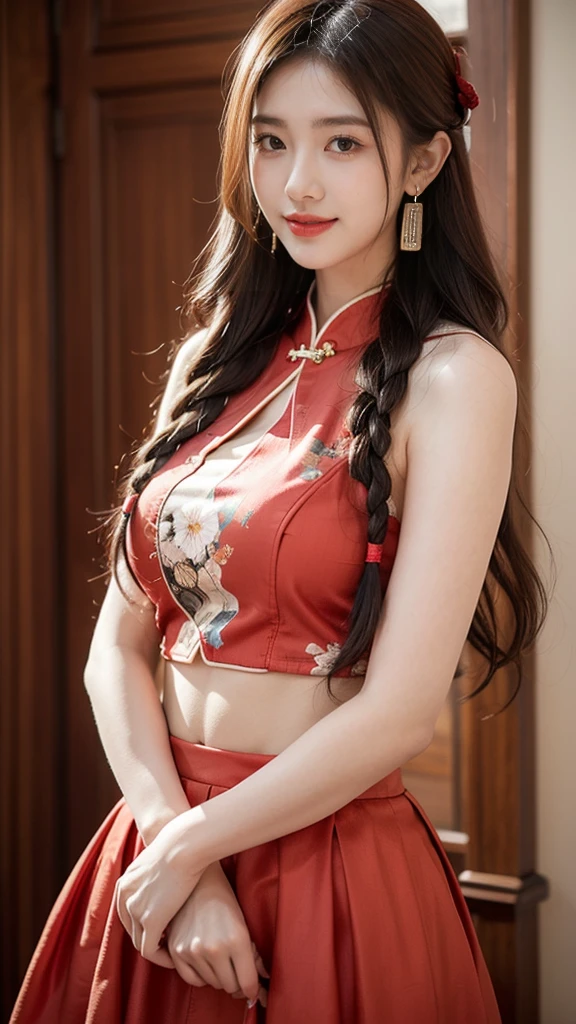1 girl, jewelry, earrings, skirt, solo, matte background, red dress, long hair, upper body, matte, brown hair, braids, hair decoration, chinese clothing, smile, look at viewer, light