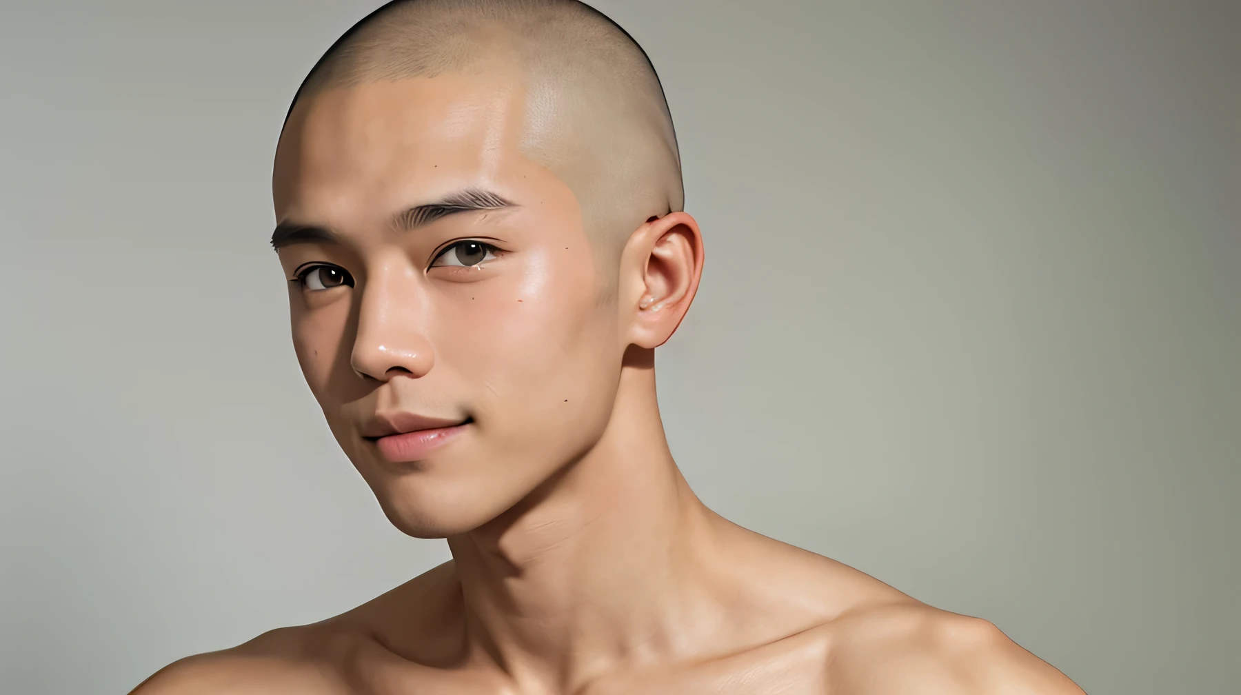 Handsome Japanese 22 year old model　 Face　smile　　Skinhead　Shaved head　Short black hair　Soft Macho　cute　Watery eye　blush　Shaved head　Skinhead　　　Gray-toned plain background. Looking straight into the camera.　Beautiful Skin　Nude from the shoulder blades up　The whole head fits in