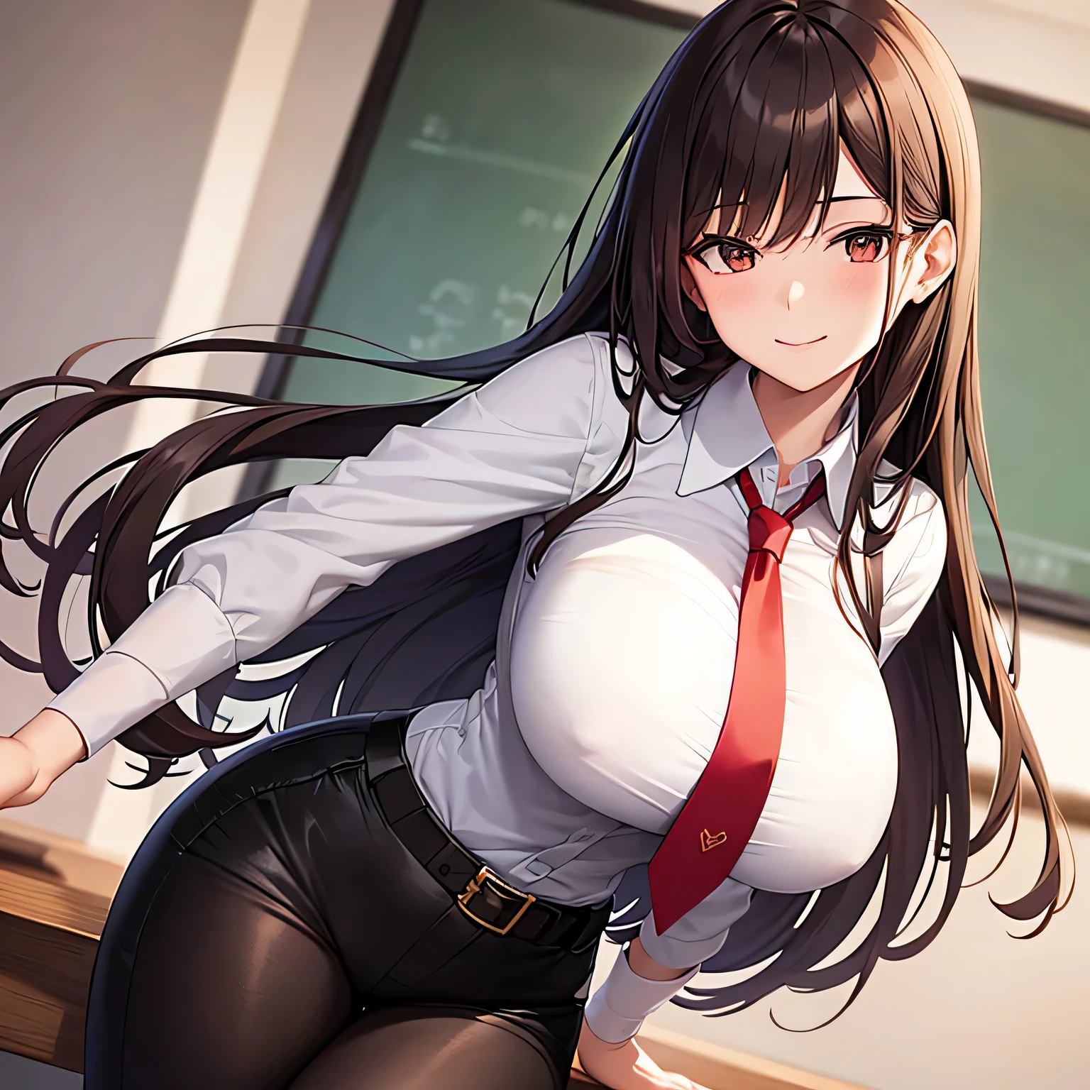 [[Best quality]], perfect detail, long hair, brunette hair, dark brown eyes, big breasts, thick thighs, white blouse, red tie, black pants, belt, professional teacher, her hand on the table, mischievous smile, in the classroom background, no jacket
