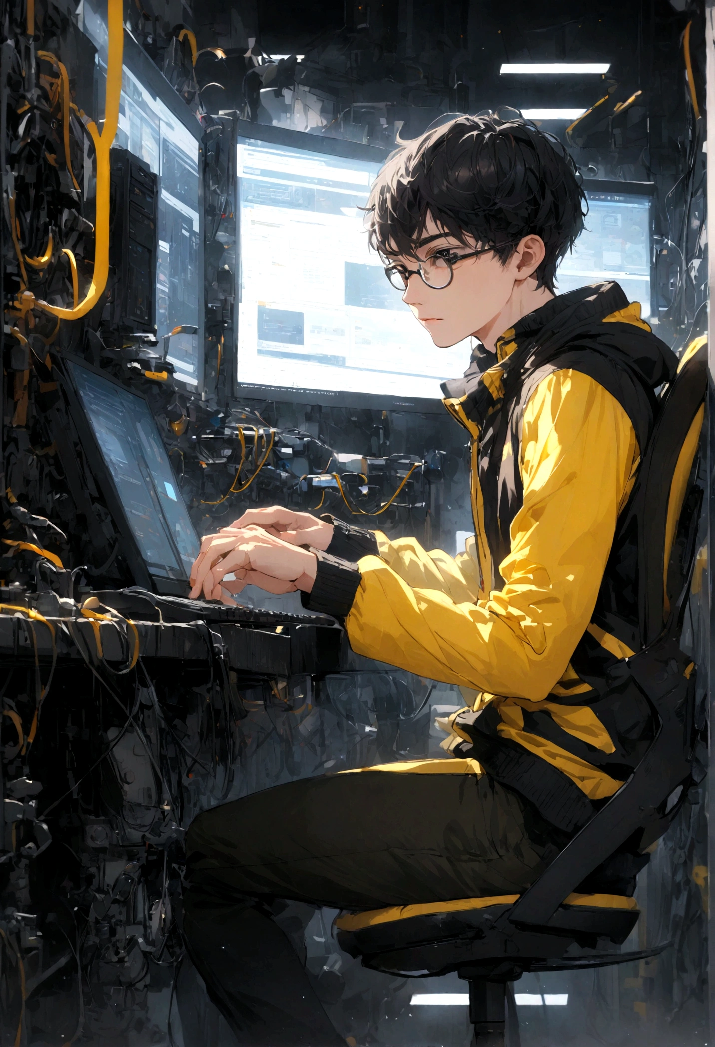 male with short black hair, black eyes, black-rimmed glasses, black and yellow sportswear, likes computers