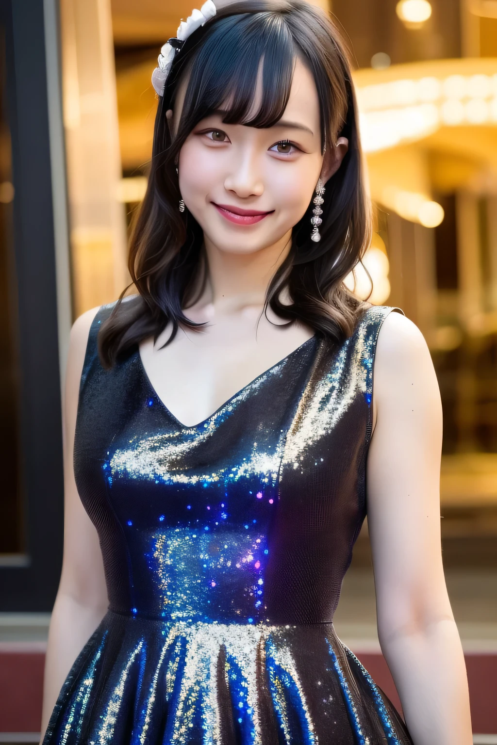 One girl,(Wearing a sleeveless sparkly dress:1.4),(RAW Photos, highest quality), (Realistic, photo-Realistic:1.4), masterpiece, Very delicate and beautiful, Very detailed, 2k wallpaper, wonderful, In detail, Very detailed CG unity 8k wallpaper, Super detailed, High resolution, Soft Light, Beautiful detailed girl, Very detailed eyes and face, Beautifully detailed nose, Beautiful fine details,Cinema Lighting,City lights at night,Perfect Anatomy,Slender body,smile, 