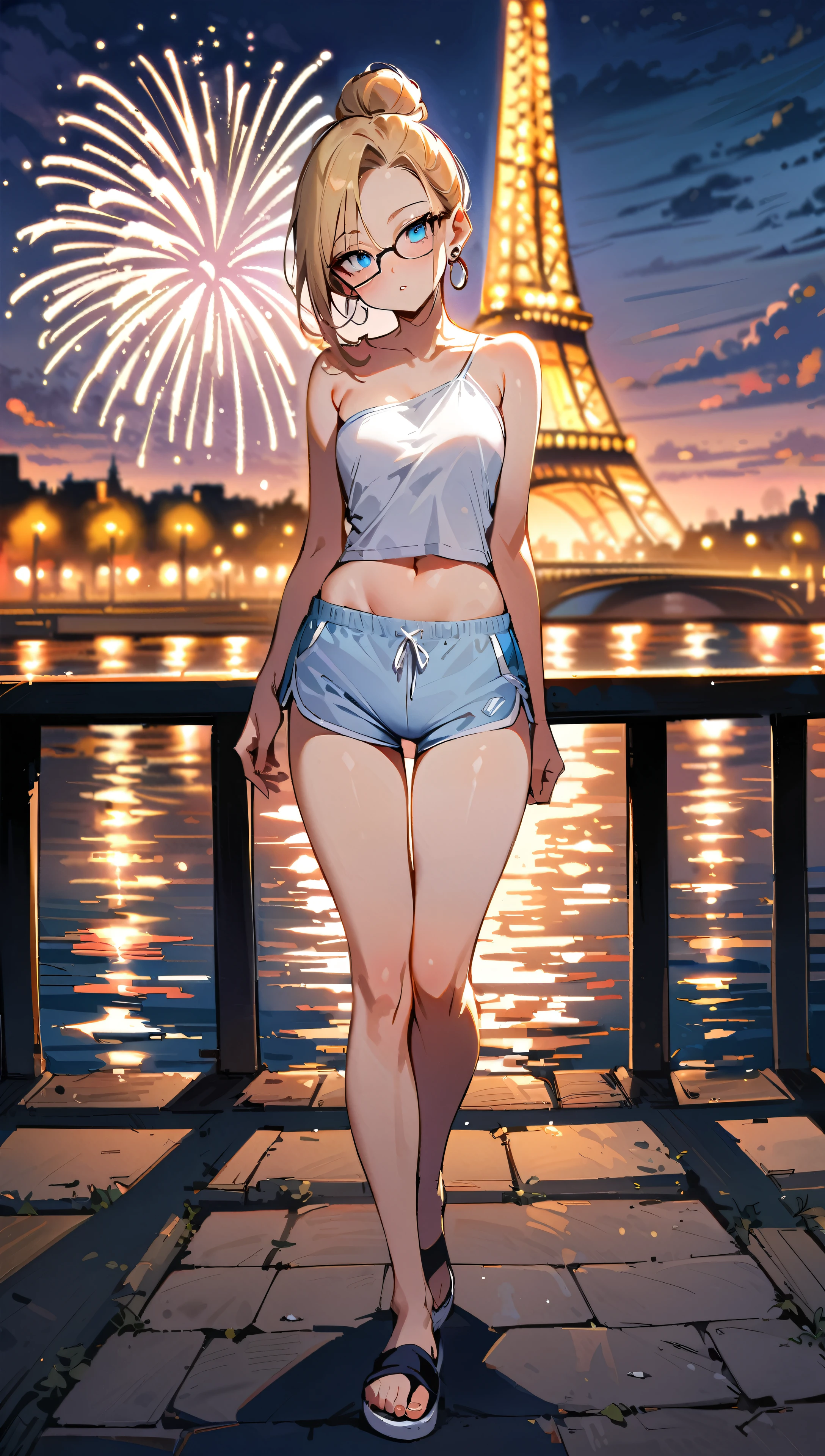 (masterpiece, best quality:1.2), full body, solo, Android 18 from Dragon Ball, (light gray top), ((slip-on one-shoulder crop top)), ((dolphin shorts)), ((light grey shorts)), strings of thong underwear slightly visible, thighs, midriff, long legs, Japanese sandals, small breasts, blonde hair, (single hair bun), ((blue eyes)), ((wearing glasses)), earrings on earlobes, slender feminine figure, narrow waistline, skinny body, head tilt, light blush, arms behind back, walking, the Eiffel Tower, riverside, night, firework, a bit of cleavage, magnificent view, blur background, 4K