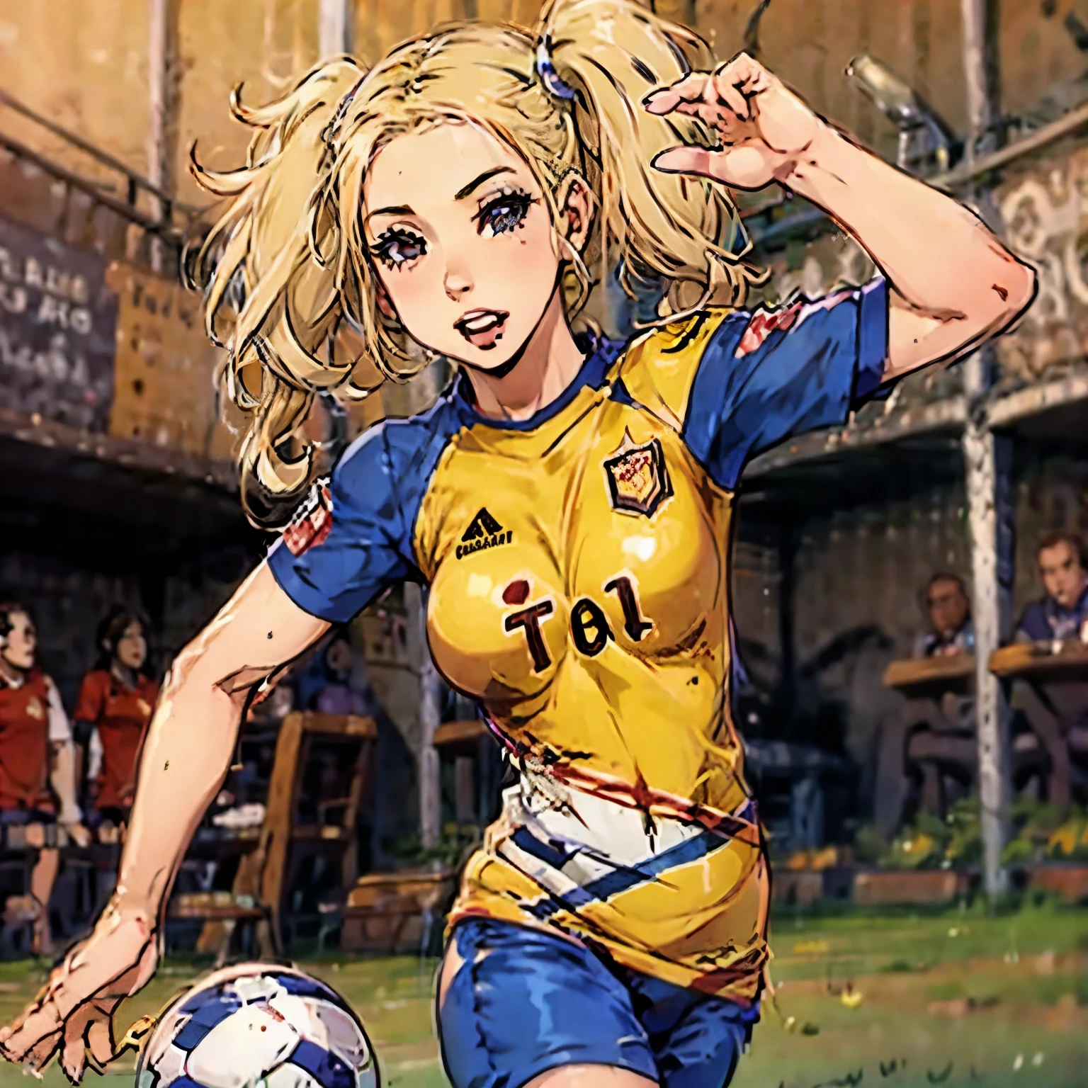 1 girl, pelo rubio, blonde hair, coletas,pigtails, pechos, breasts, huge breasts, soccer_uniform, inside soccer_field,kicking the ball.Kenzy Reeves