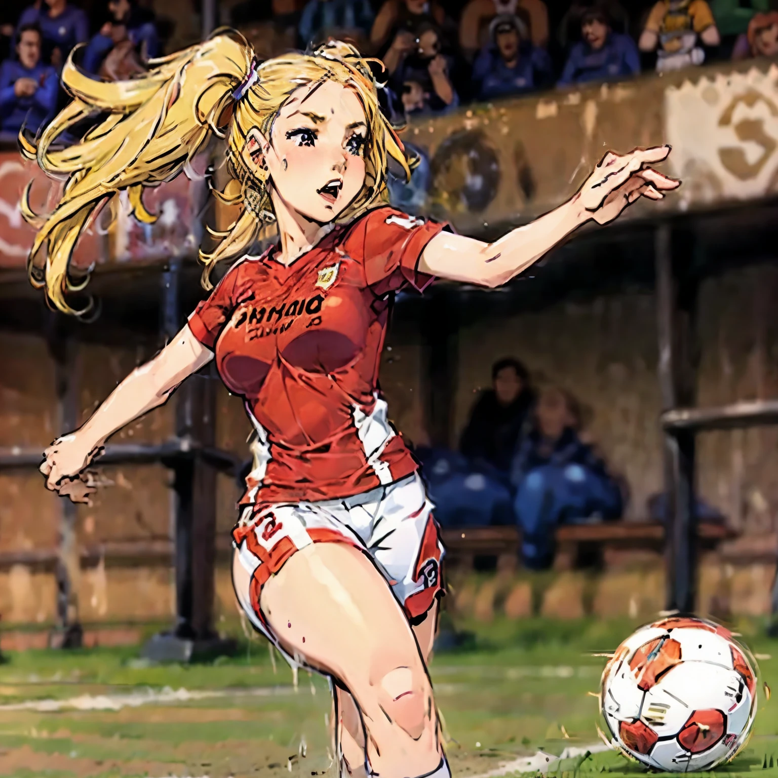 1 girl, pelo rubio, blonde hair, coletas,pigtails, pechos, breasts, huge breasts, soccer_uniform, inside soccer_field,kicking the ball.Kenzy Reeves