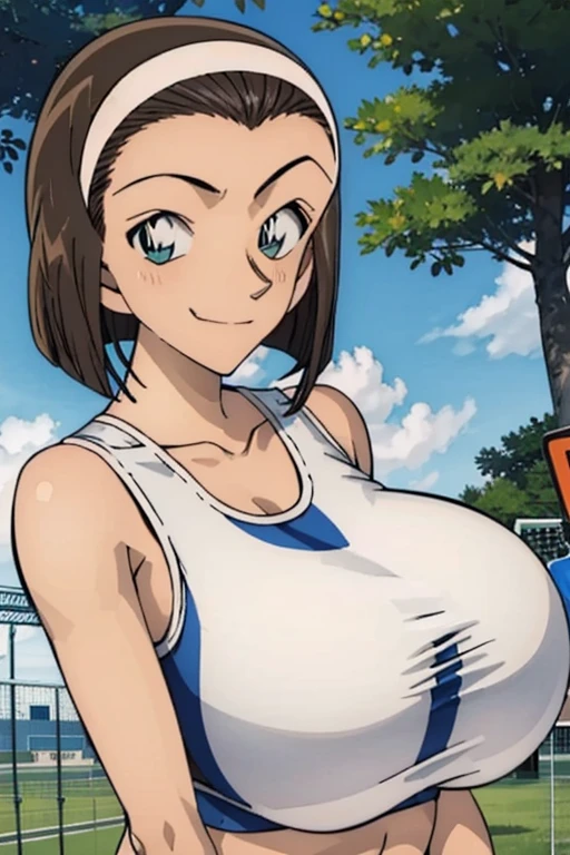 Looking into the camera、When I Look at You、lookatviewer、Anime Style、Eroge、1 girl, (Huge breasts:1.5)、((Sports Bra))、Low - Angle、Brown haired, hair band、Bob Hair、The forehead is visible、blush, bangs,,Round Breasts、smile、whole body、