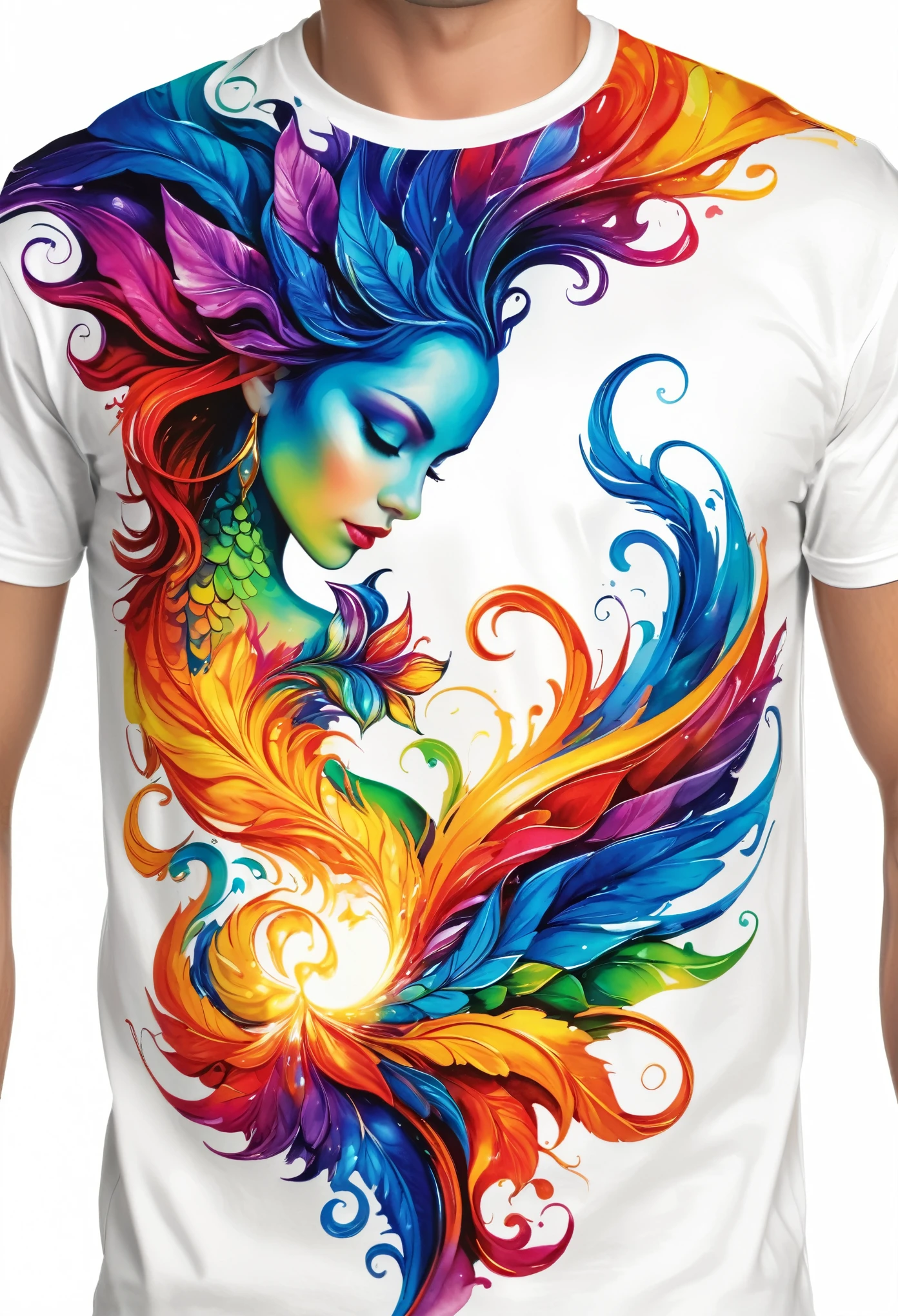 Close up of colorful fantasy sketch imagination art t-shirt (((White background only) (by Karen Griffiths White background only))), Crazy details, Intricate details, Ultra-smooth details, movie lighting, Exposure Blending, HDR, Color Saturation, 8K,