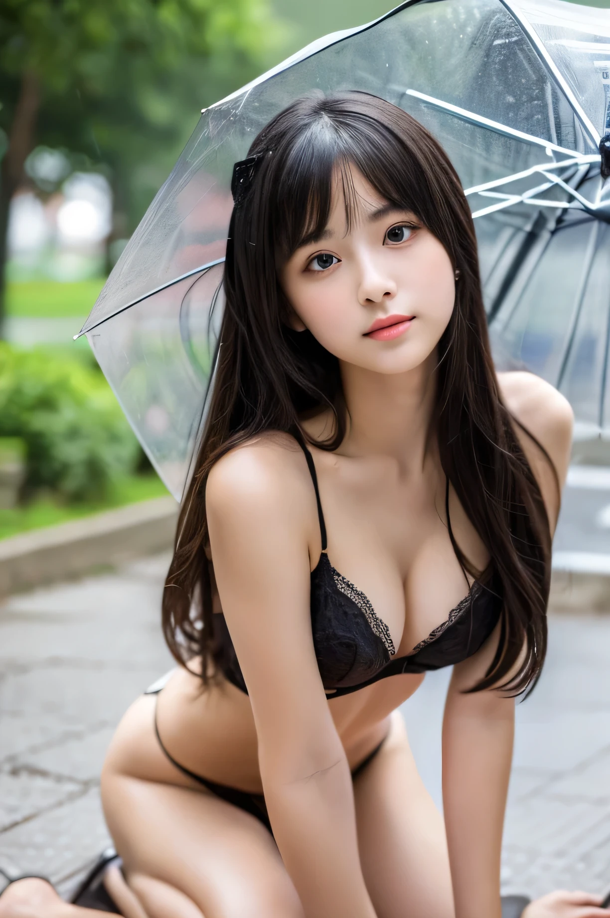 (((high resolution,Realistic photos with every detail,High detail,High Detail、masterpiece,Attention to detail,Whole Body Ezbian,solo))),RAW Photos & Realistic atmosphere,Beautiful brown eyes,Mouth details,Glossy Lips,Fine eyebrows,With soft white skin that shines in every detail、Detailed eyes、Dark brown eyes,Very beautiful eyes,Detailed lips、Very beautiful face,Very well-formed face、A vivid face,Beautiful, shining lips, photo realistic, realistic young gravure idol, Slender gravure idol, Beautiful and cute、A photo showing the whole body、full body,Pictured from head to knee, ((Japanese))、Cute Korean idol style,Black Hair,high-quaiity,(Correct Anatomy),(real photo),Raw Photos, Photorealistic、Cute face,(Well-proportioned face:1.5),High resolution,Super detailed,Fine details,Very detailed,very realistic eyes and face,shy face,(Correct human body),Sharp Focus,spot light,high quality,(from below),((gothic ta)),sexy red bra,sheer skirt,bottomless under the skirt,In the pouring rain,In town,Holding a single transparent vinyl umbrella,Holding the umbrella handle with both hands,((spread legs:1.1)),(16years old),16 yrl),solo,long hair,(Looking at the camera),(flat chest),Narrow waist,full body、Angle from below