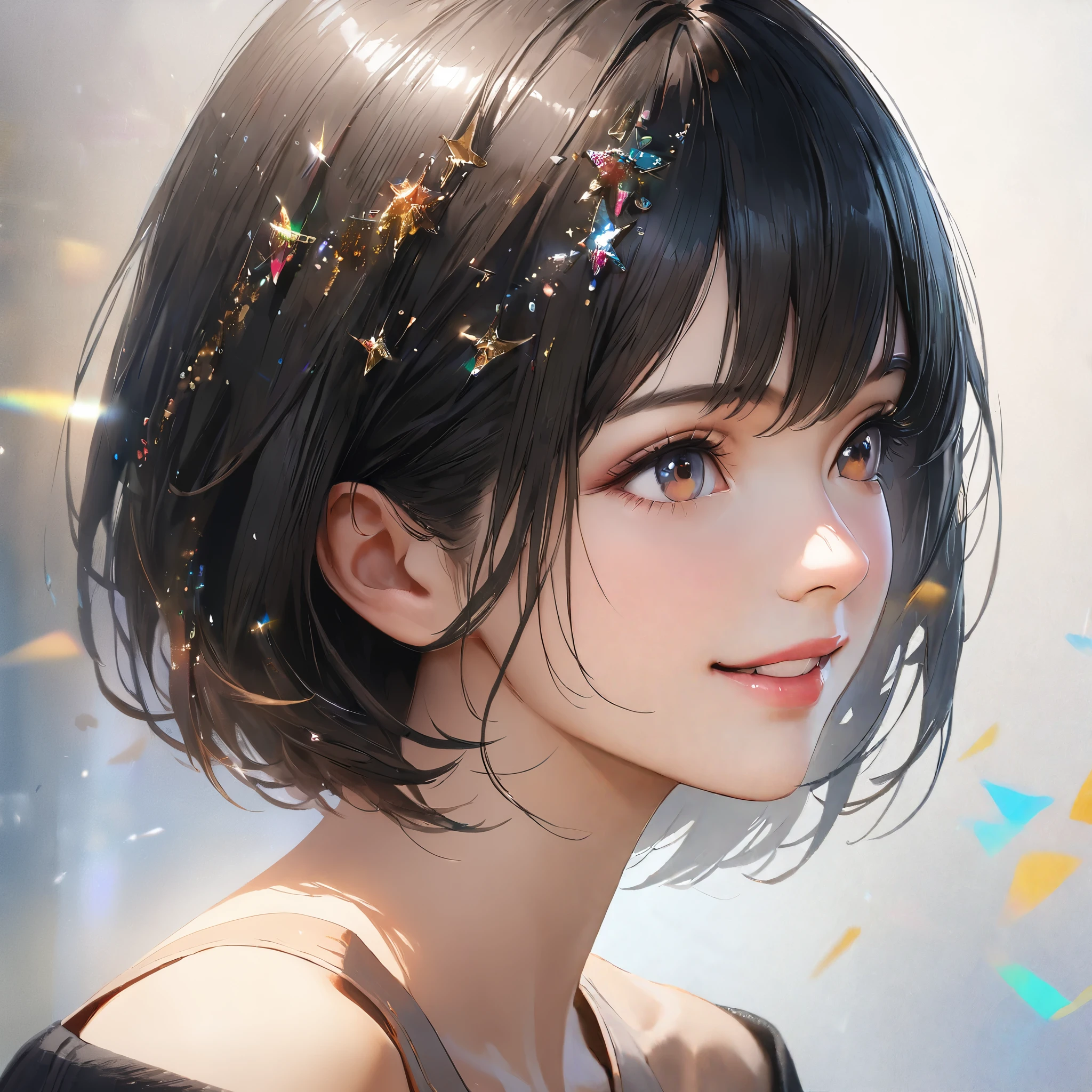 No background,Black and white depiction,high school girl,short hair,smile,Glitter effect,highest quality, 4K, 8k, High resolution, masterpiece:1.2, Very detailed, Realistic:1.37, High resolution, 超High resolution, Ultra-fine painting, Sharp focus, Physically Based Rendering, Very detailedな説明, Professional