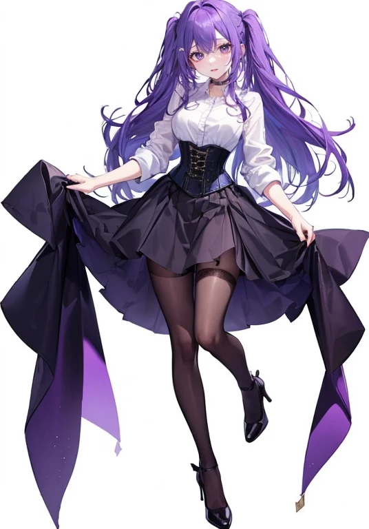 Purple Hair,Long Hair,Adult female,White Y-shirt,((Roll up her sleeves)),(corset),(Black tight skirt),(High heels),((A simple, blank white background)),smile,((full body)),((whole body)),