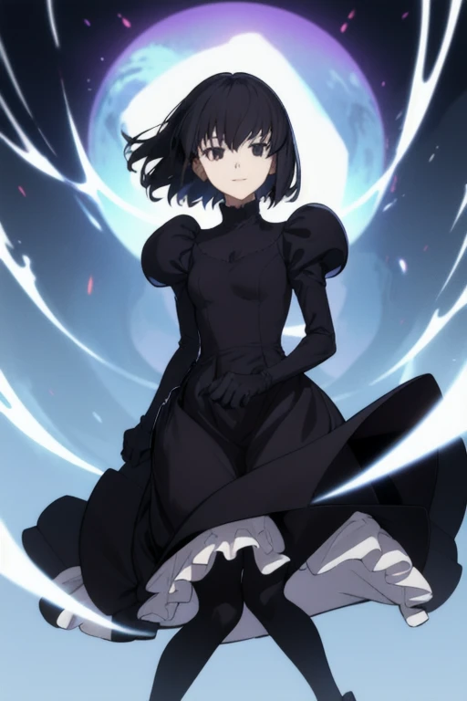 alicekuonji, girl1, solo, smile, long black dress, puffy sleeves, cape ,long skirt, white gloves, park, black tights, best quality 