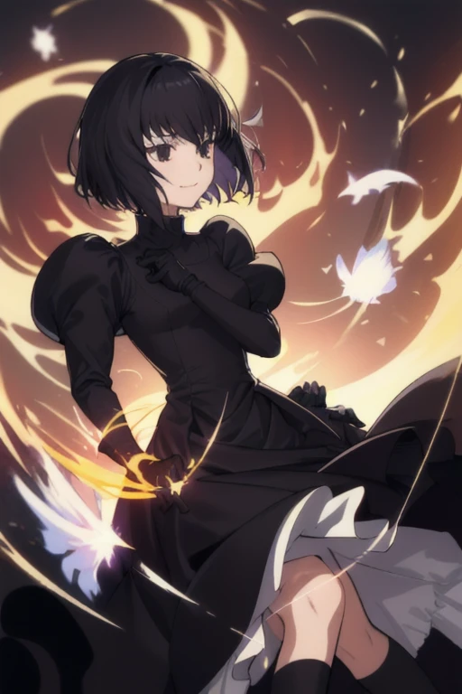 alicekuonji, girl1, solo, smile, long black dress, puffy sleeves, cape ,long skirt, white gloves, park, black tights, best quality 