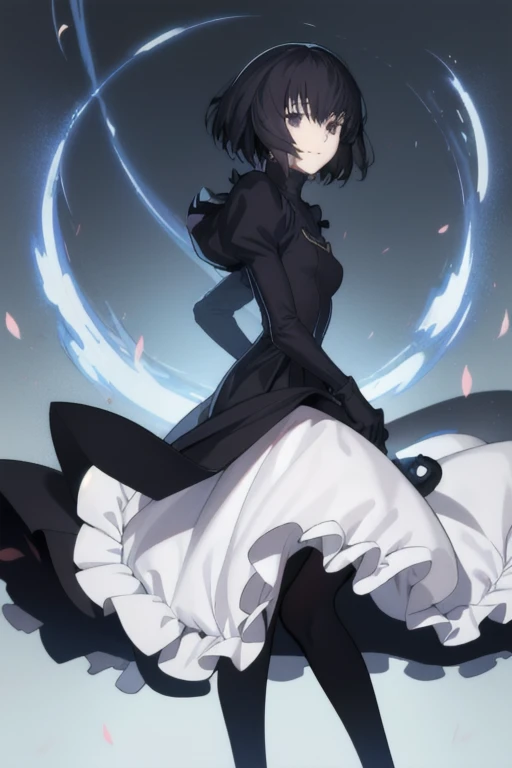 alicekuonji, girl1, solo, smile, long black dress, puffy sleeves, cape ,long skirt, white gloves, park, black tights, best quality 